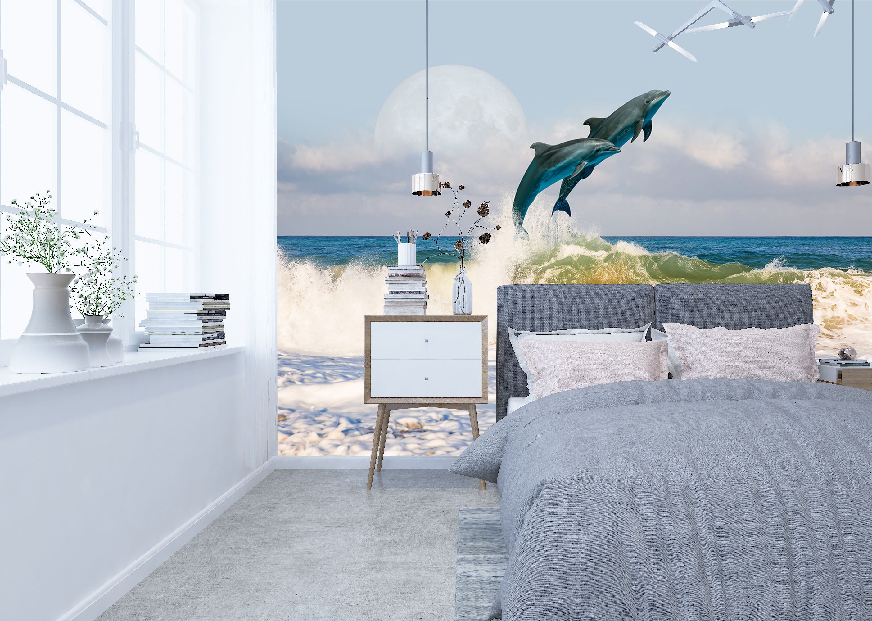 3D Moon Dolphin 237 Wall Murals