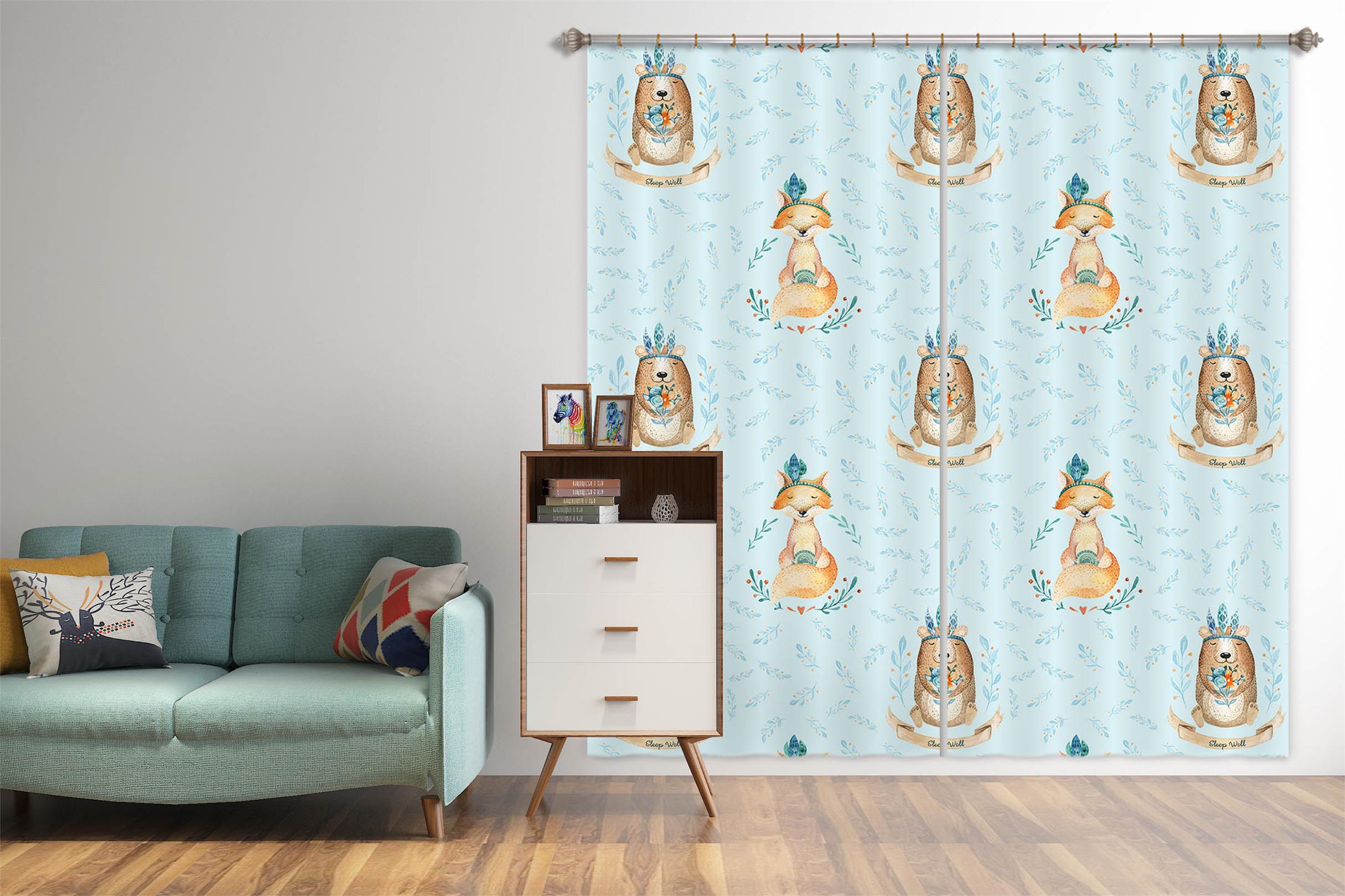 3D Fox Bear Leaves 129 Uta Naumann Curtain Curtains Drapes