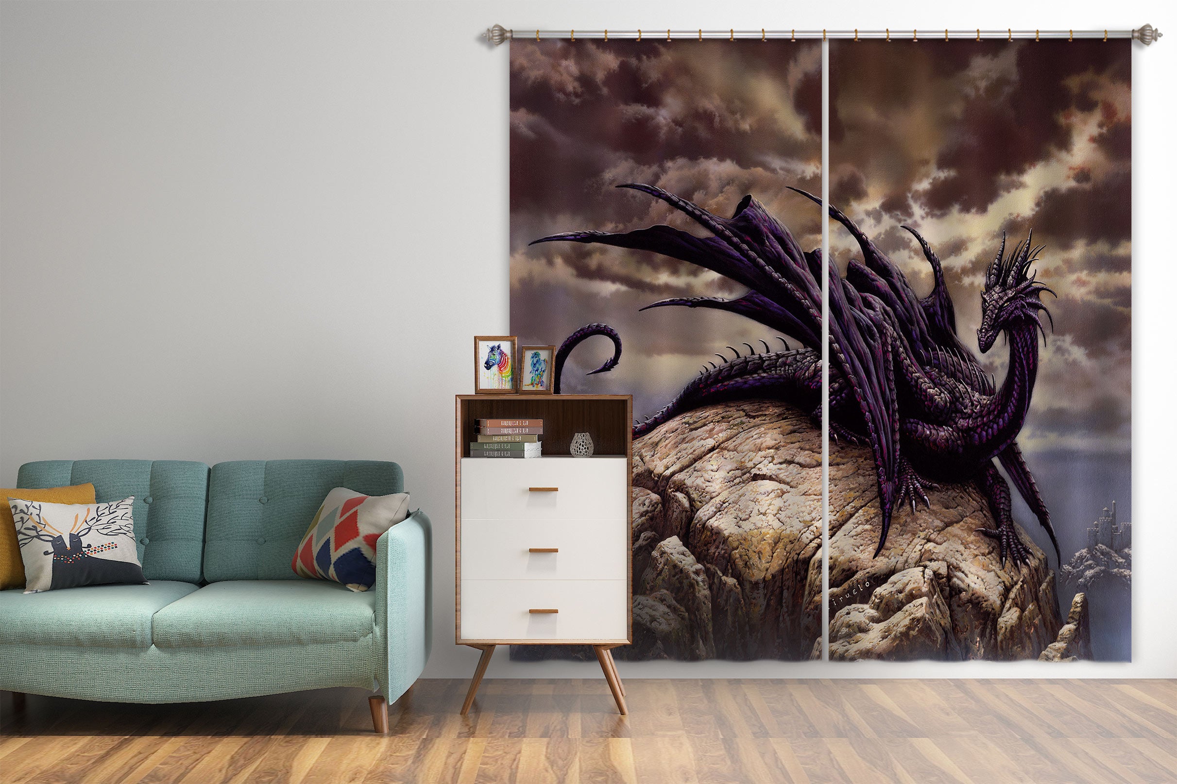 3D Stone Black Dragon 7187 Ciruelo Curtain Curtains Drapes