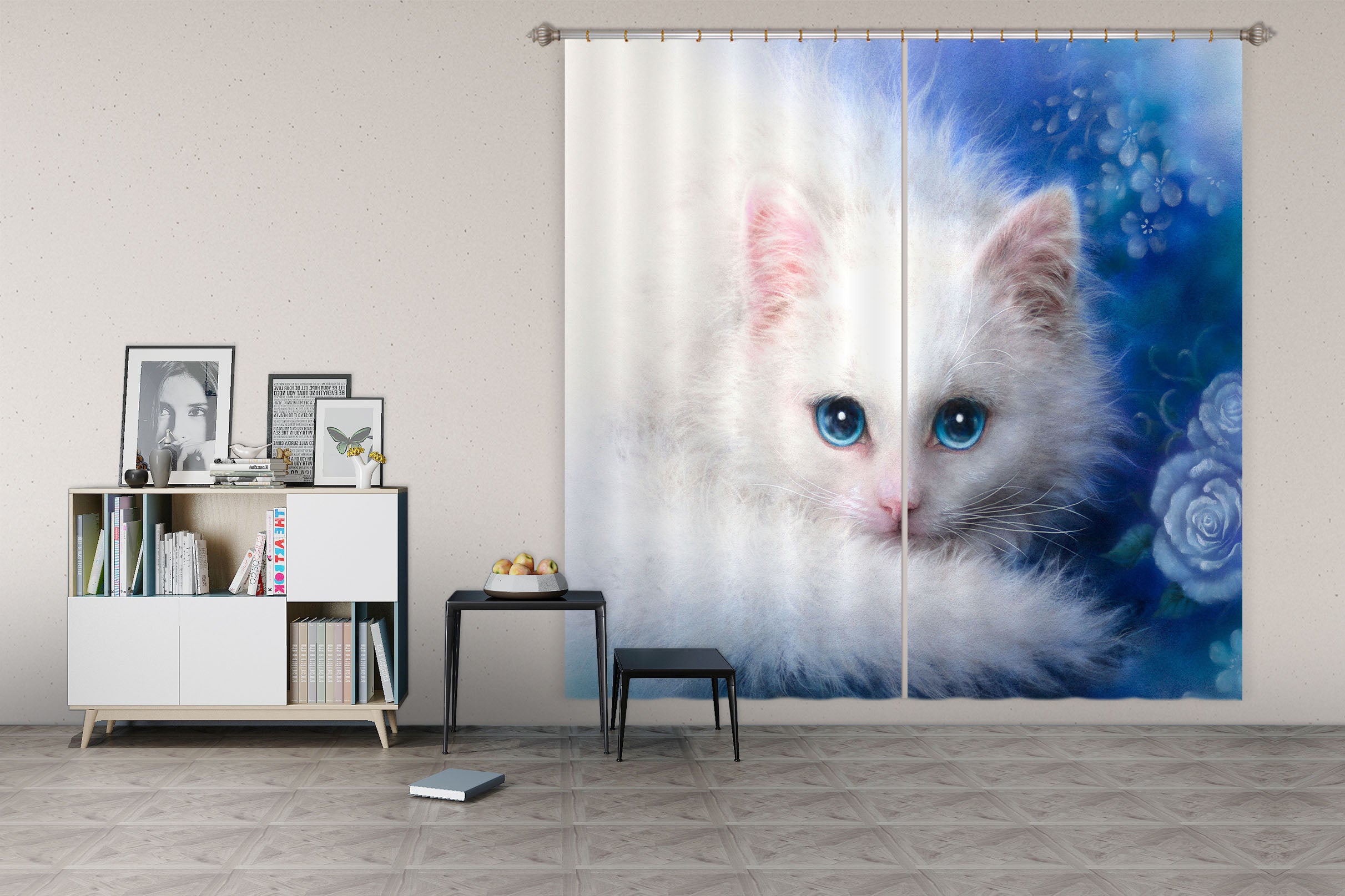 3D White Cat 9083 Kayomi Harai Curtain Curtains Drapes