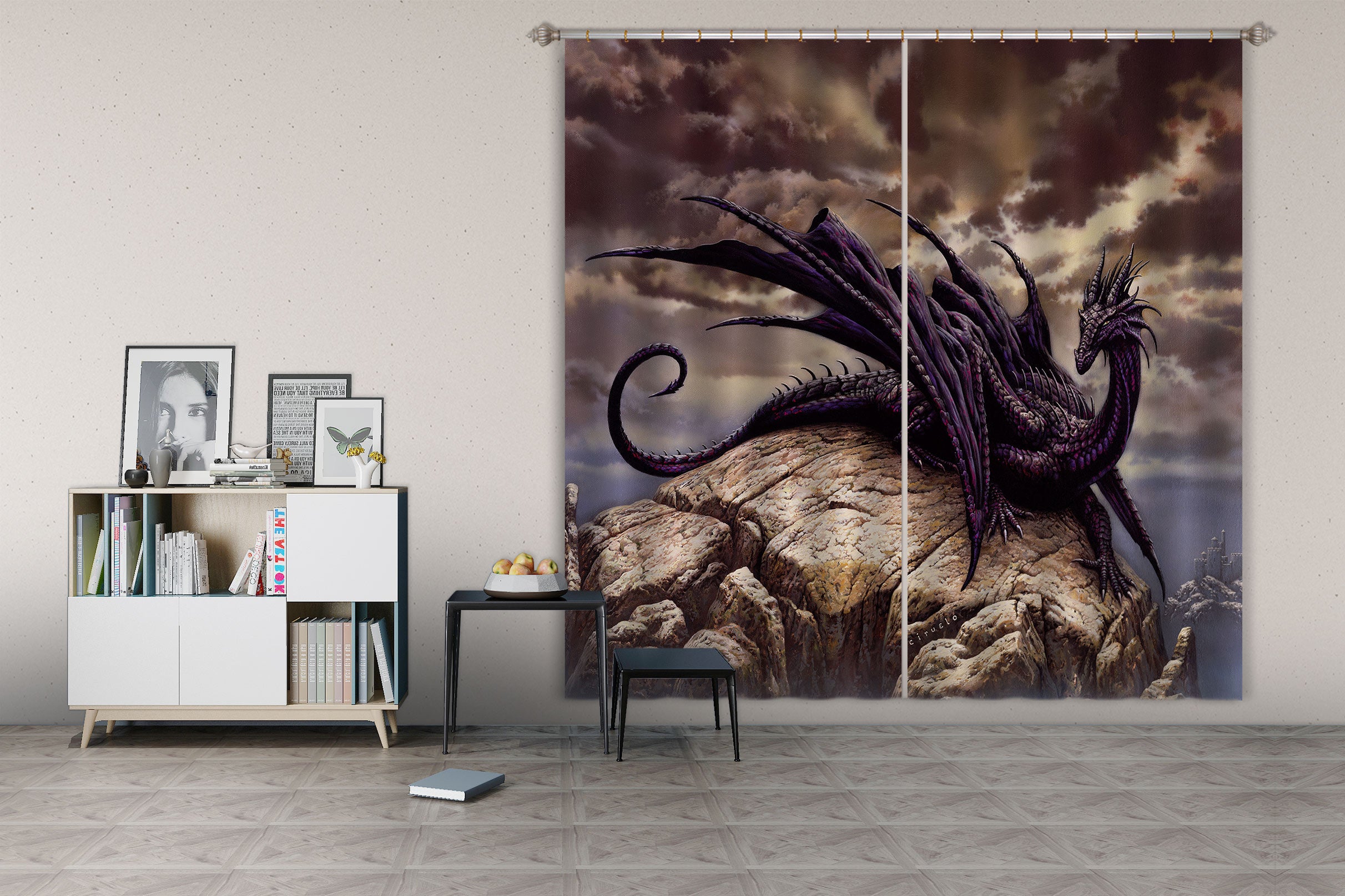 3D Stone Black Dragon 7187 Ciruelo Curtain Curtains Drapes