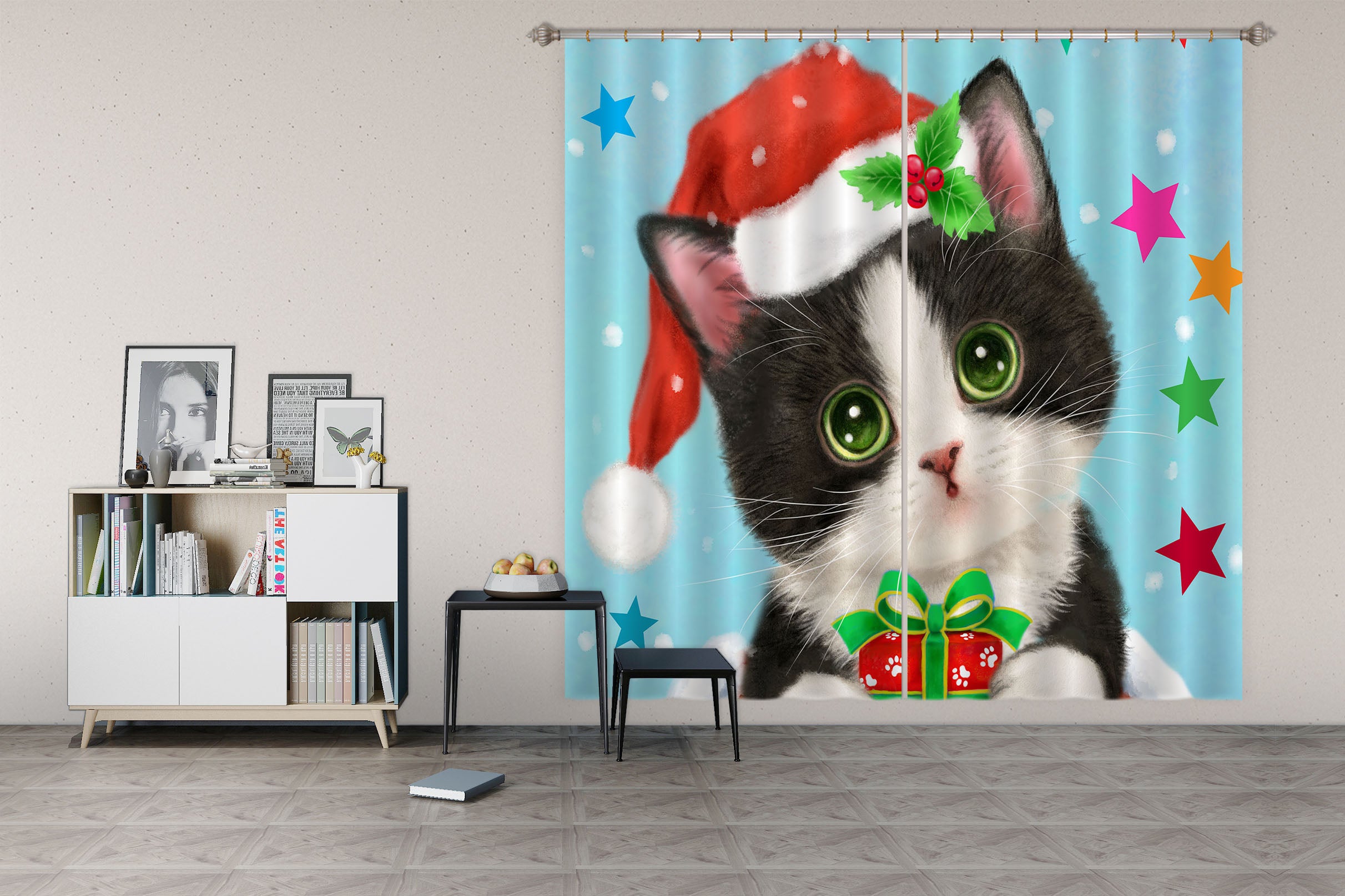 3D Christmas Cat Star 9070 Kayomi Harai Curtain Curtains Drapes