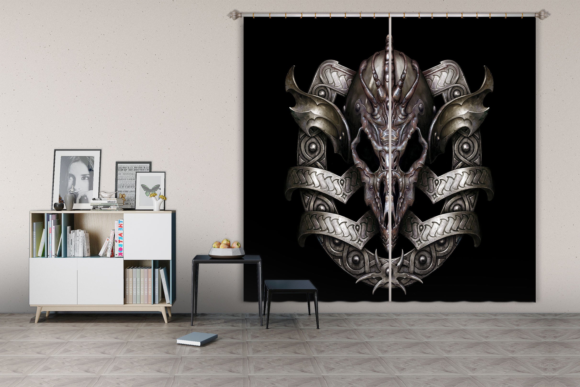 3D Metal Skull Pattern 7202 Ciruelo Curtain Curtains Drapes