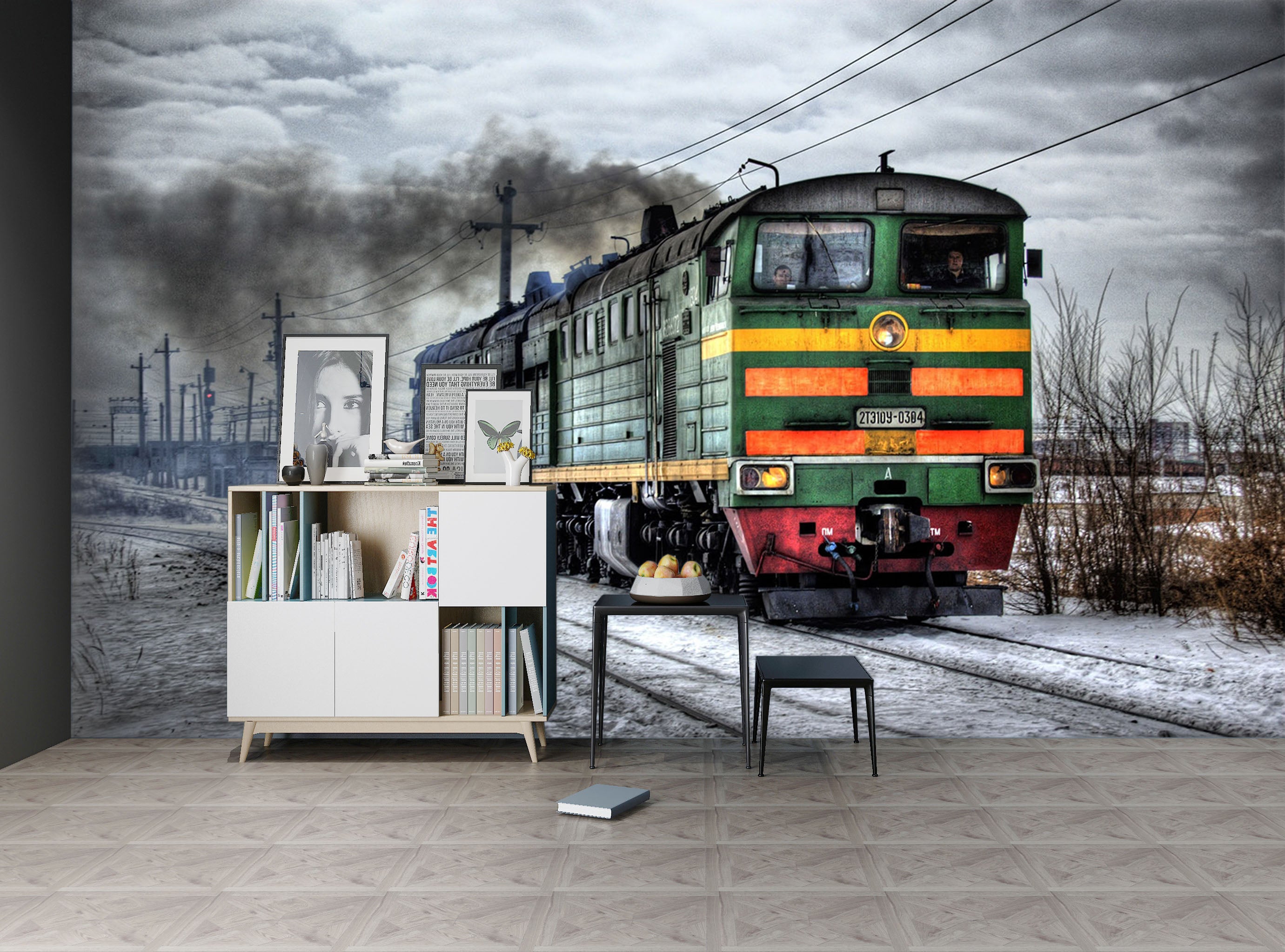 3D Green Train Snow 041 Vehicle Wall Murals