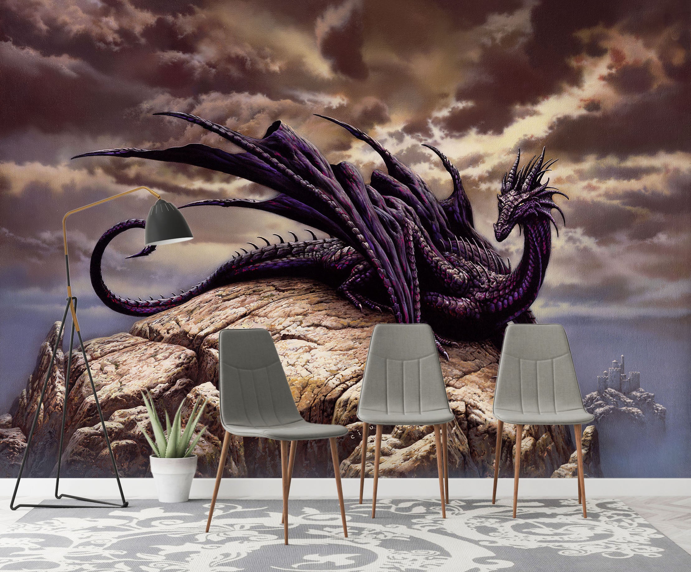 3D Stone Cloud Dragon 7052 Ciruelo Wall Mural Wall Murals