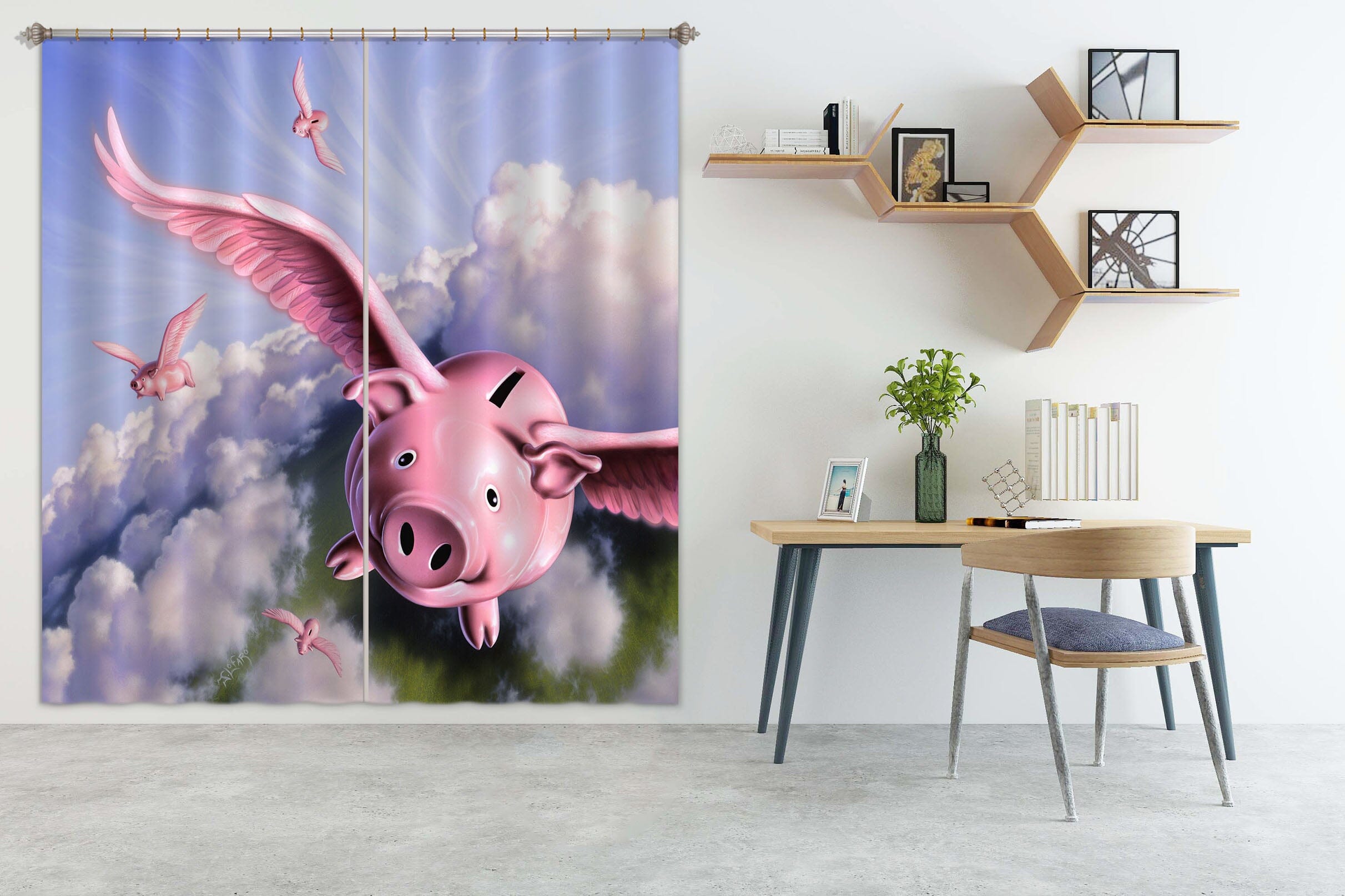 3D Flying Pig 072 Jerry LoFaro Curtain Curtains Drapes Curtains AJ Creativity Home 