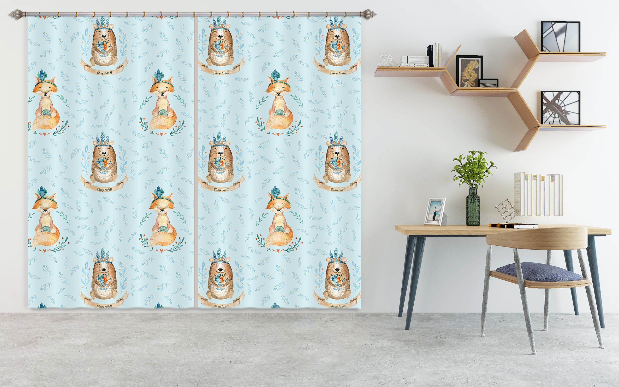 3D Fox Bear Leaves 129 Uta Naumann Curtain Curtains Drapes