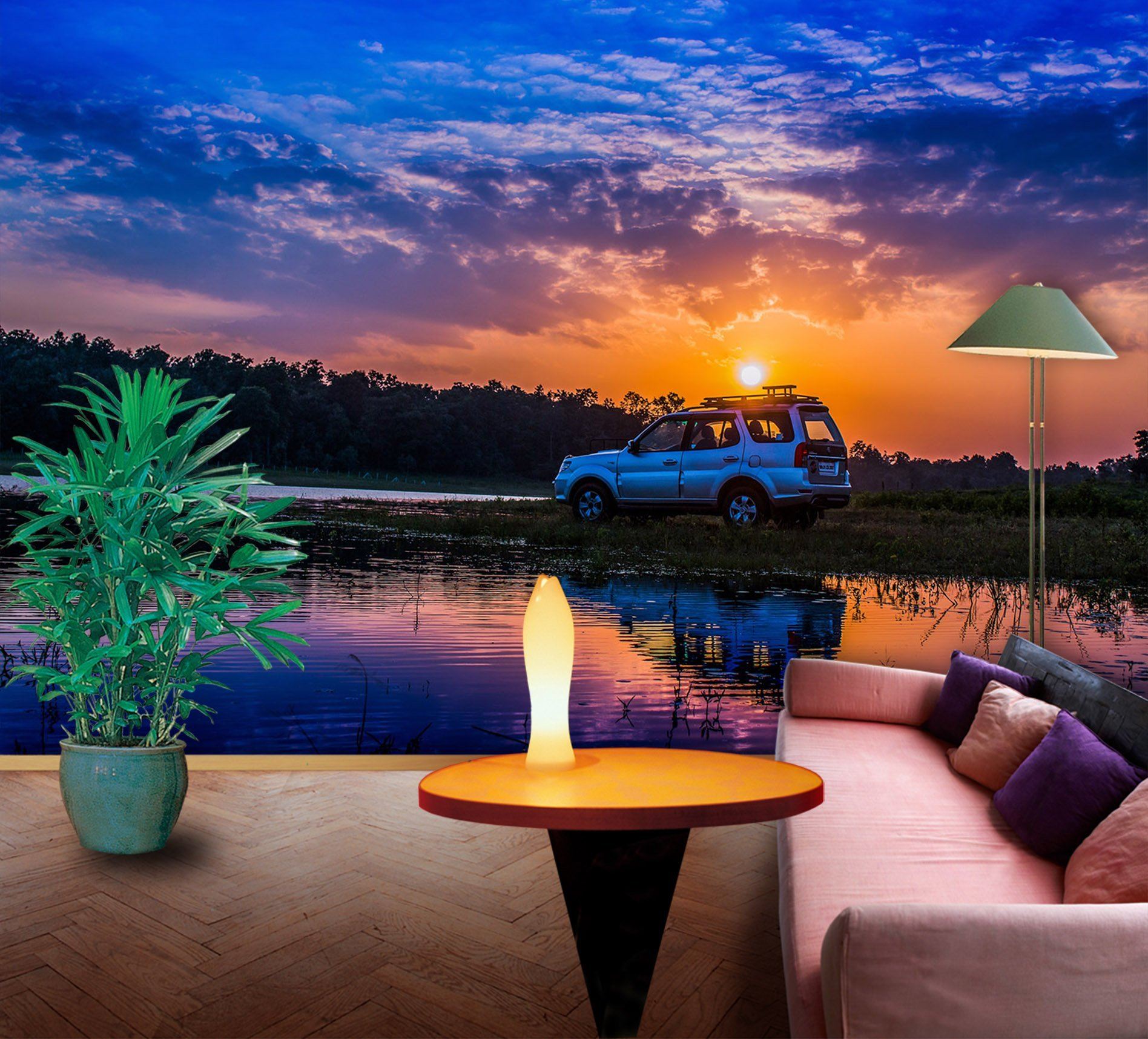 3D Lake Sunset Car 939 Vehicle Wall Murals Wallpaper AJ Wallpaper 2 