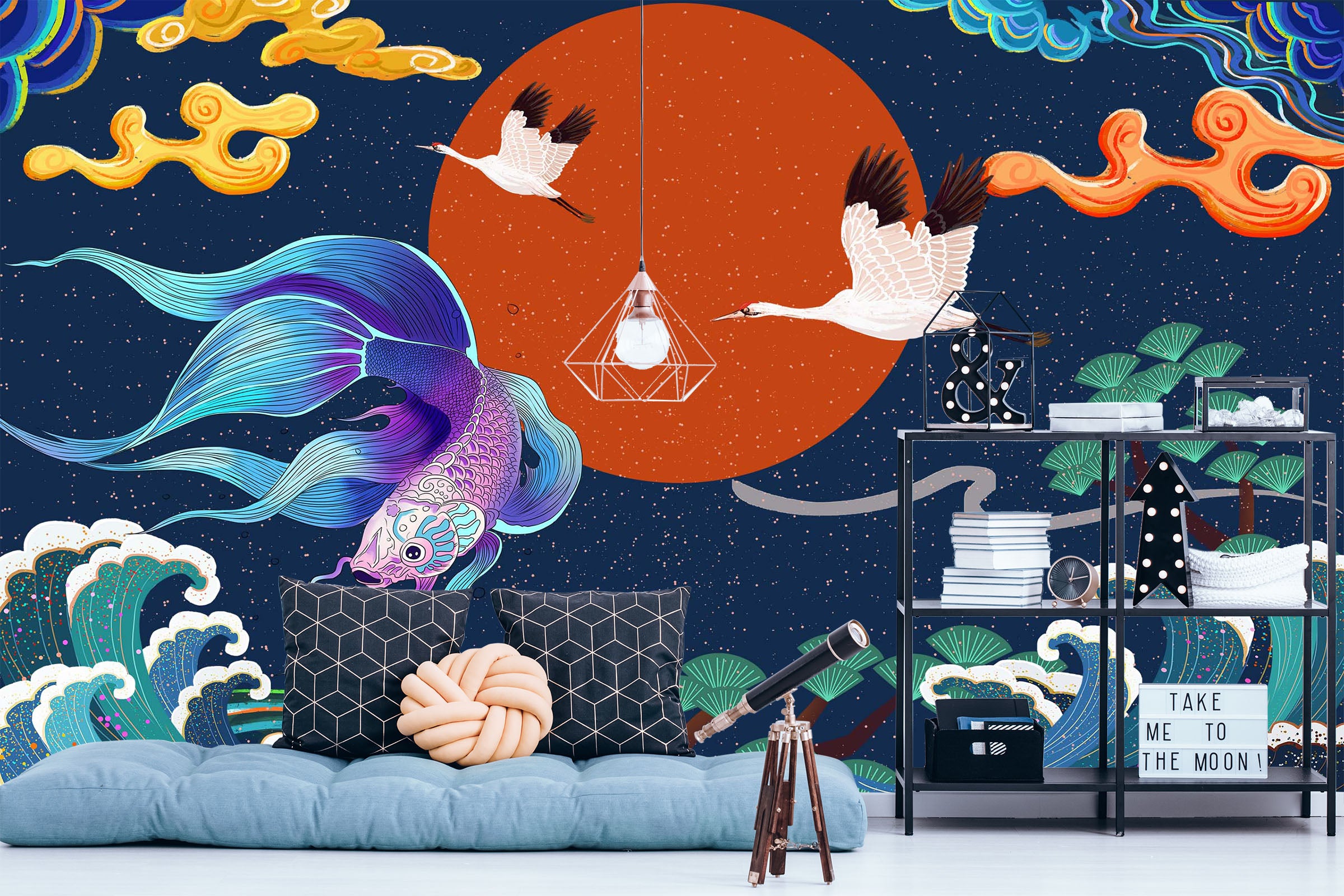 3D Chinoiserie Blue Fish 1390 Wall Mural Wall Murals