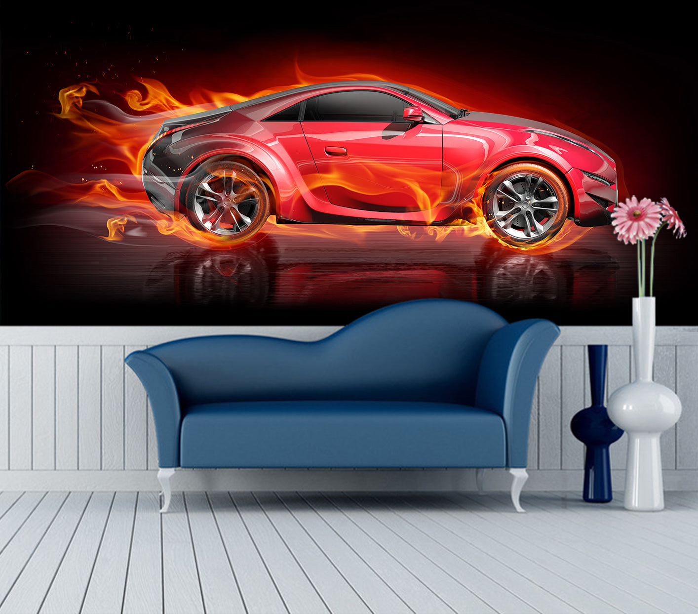 3D Fire Red Car 298 Vehicle Wall Murals