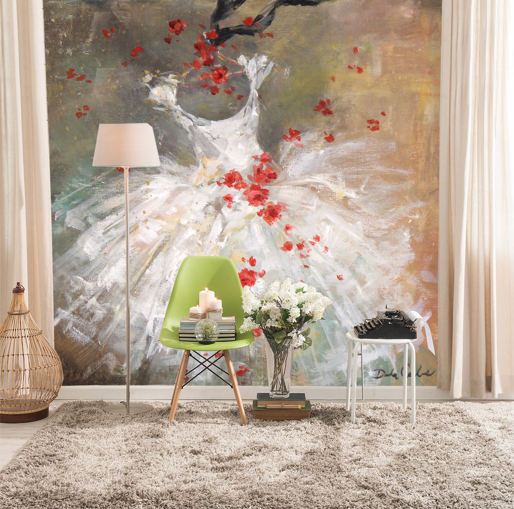 3D White Gauze Dress Red Petals 3116 Debi Coules Wall Mural Wall Murals