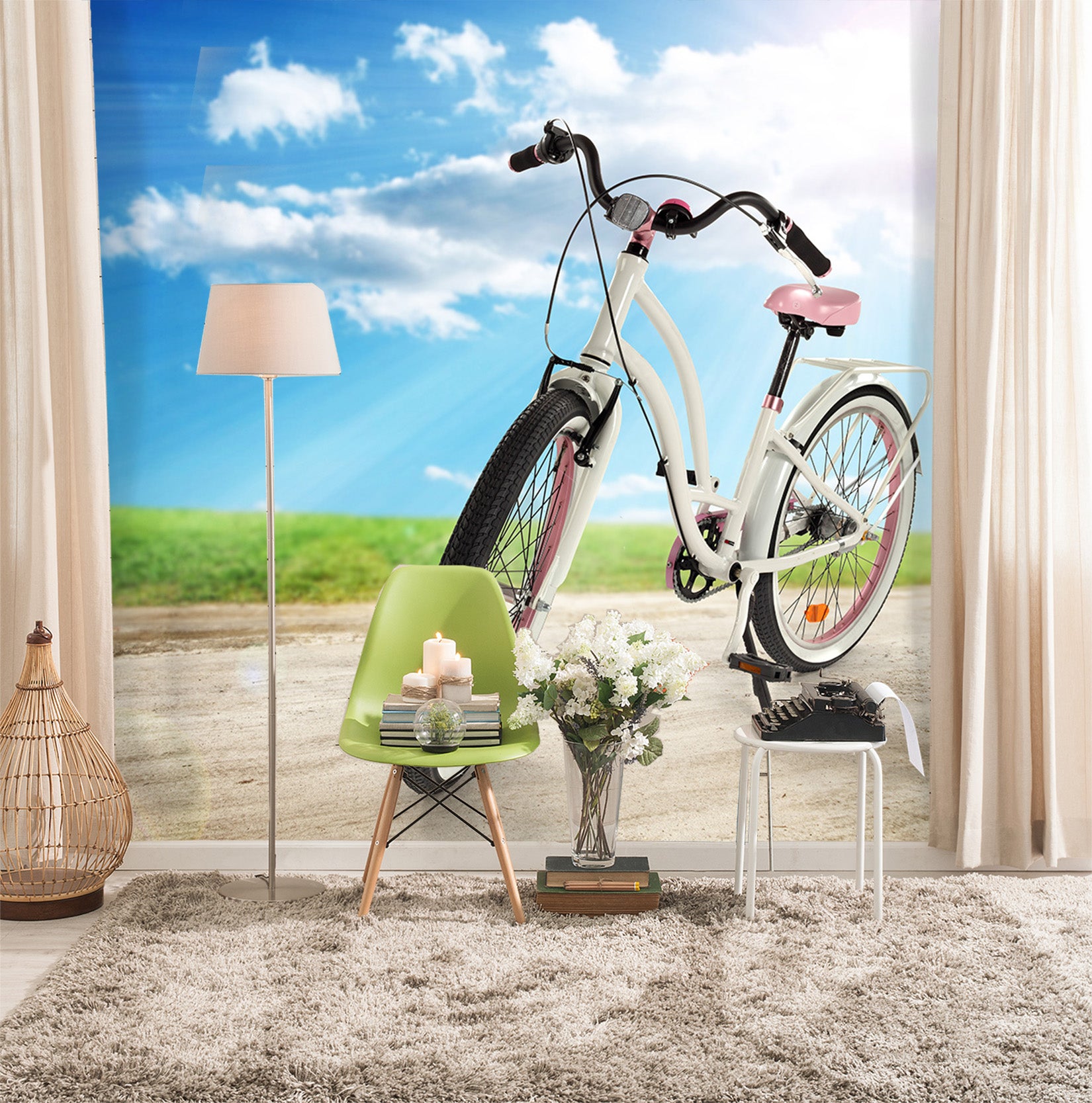 3D Sunny Grass Bike 010 Vehicle Wall Murals