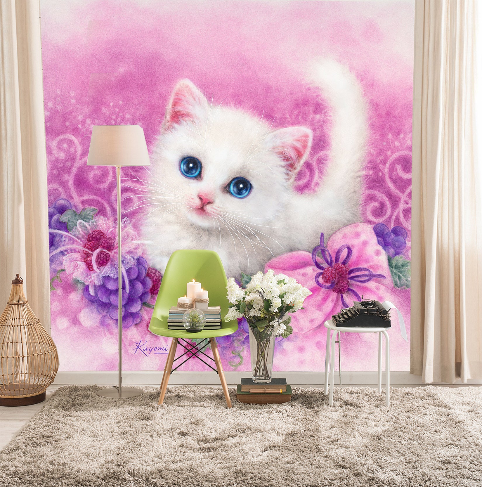 3D Grape White Cat 5438 Kayomi Harai Wall Mural Wall Murals