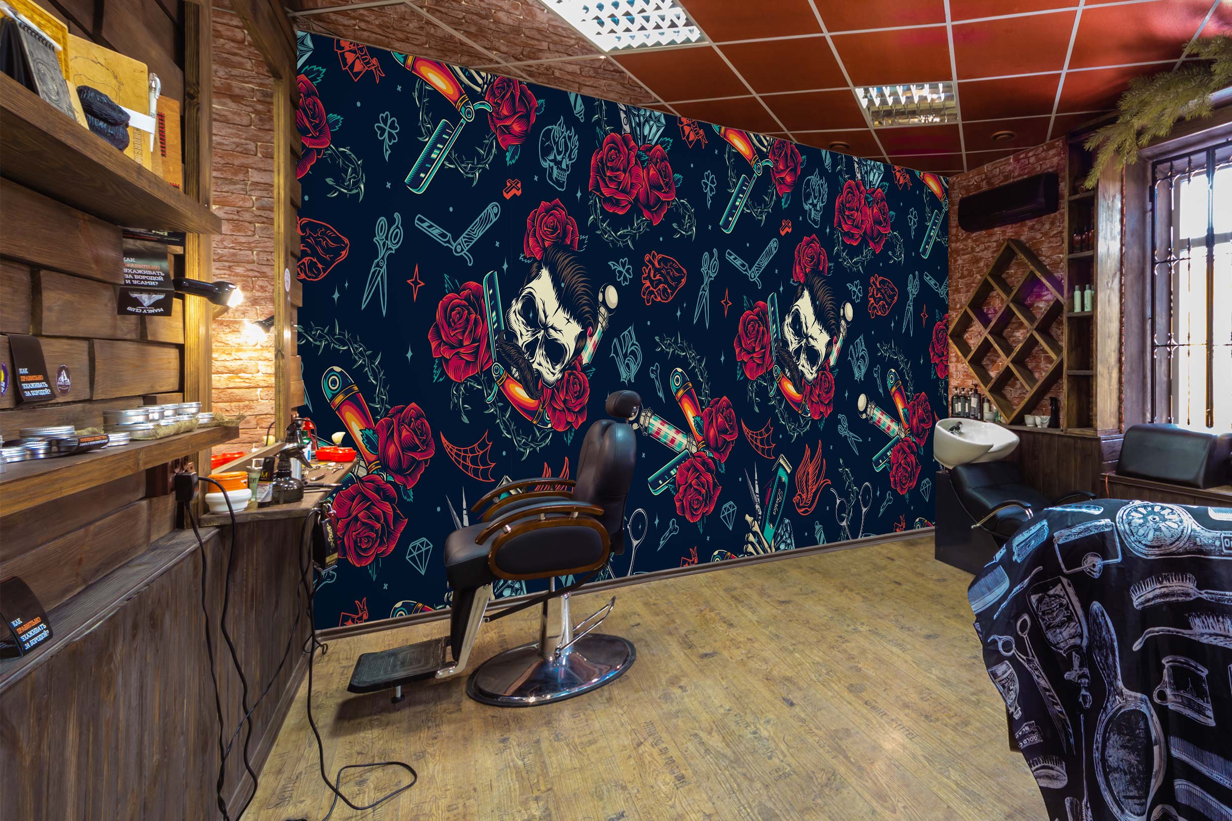 3D Scissors Rose Skull 115190 Barber Shop Wall Murals