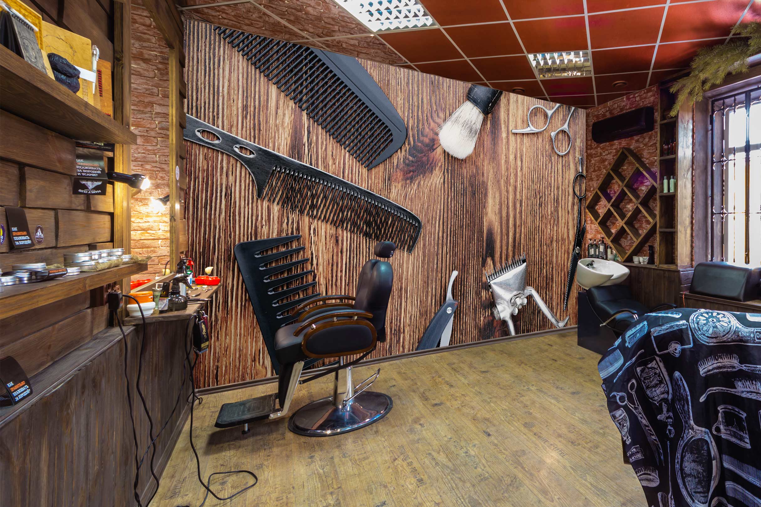 3D Wood Comb 115188 Barber Shop Wall Murals