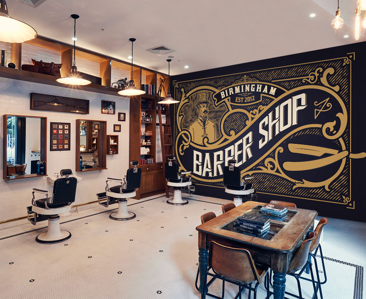 3D Black Gold Barbershop Pattern 115171 Barber Shop Wall Murals