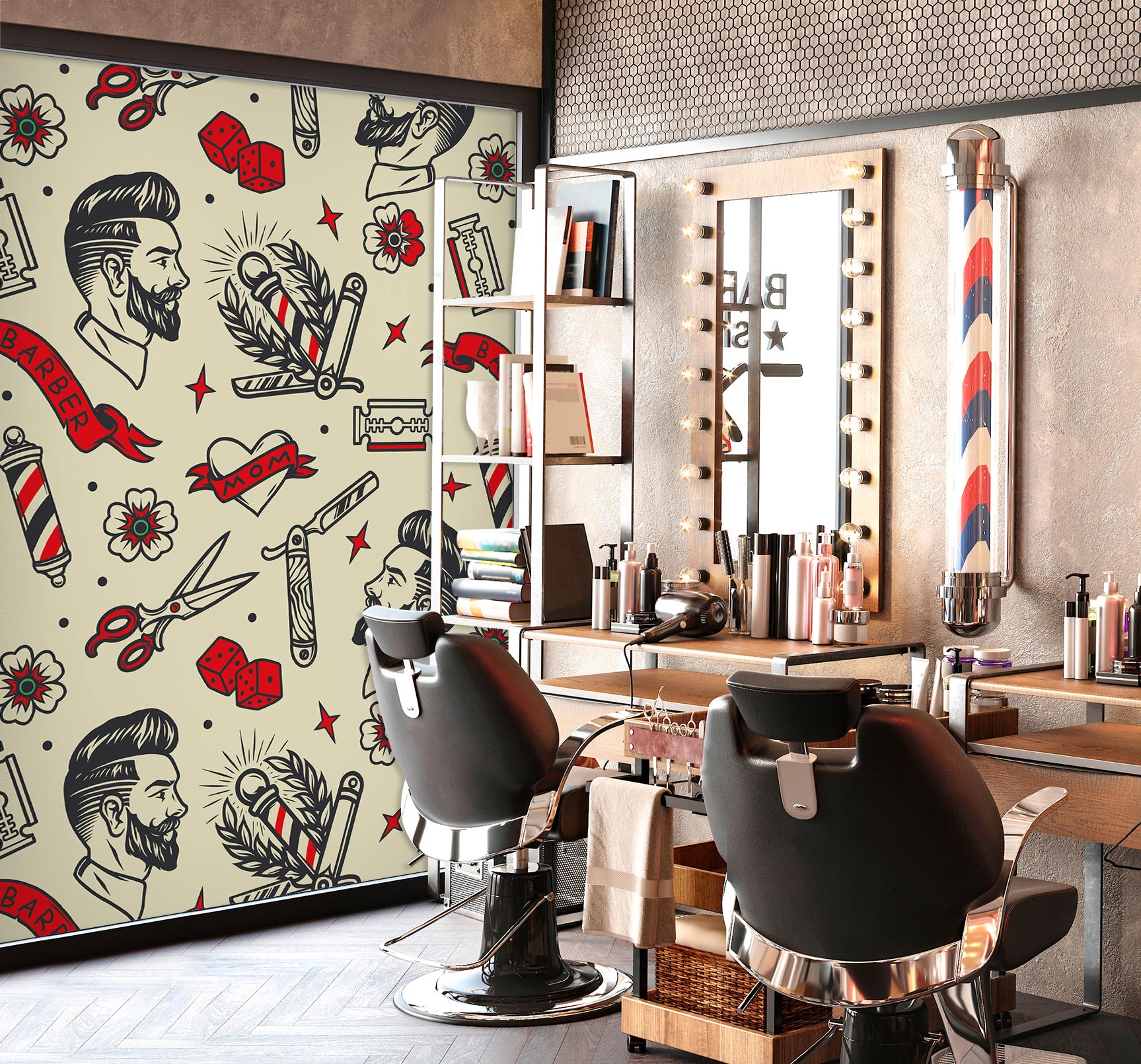 3D American Retro Haircut Pattern 115186 Barber Shop Wall Murals