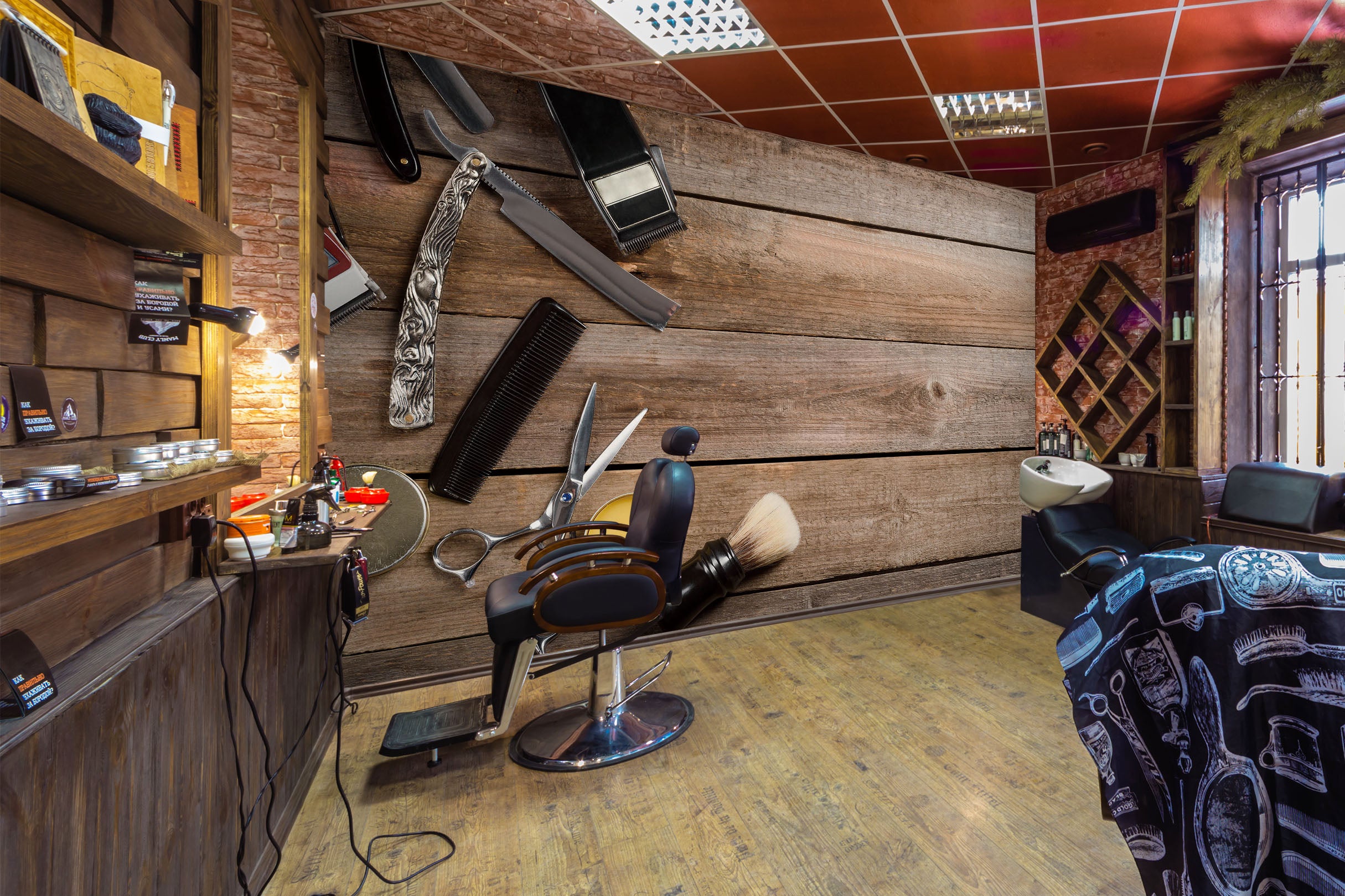 3D Wood Comb Scraper 115152 Barber Shop Wall Murals