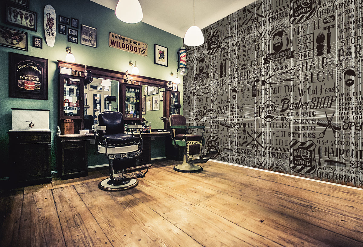 3D Black Gray Haircut Letter Pattern 115149 Barber Shop Wall Murals