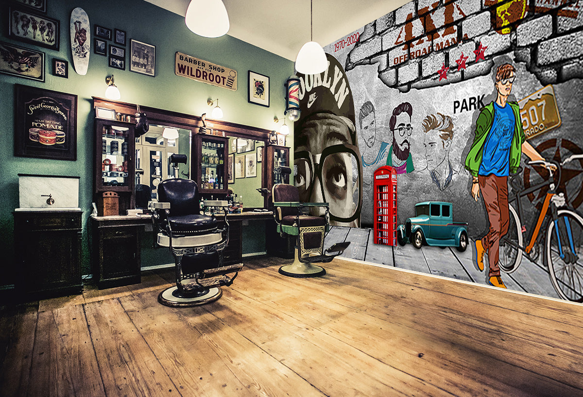 3D Phone Booth Car 1461 Barber Shop Wall Murals