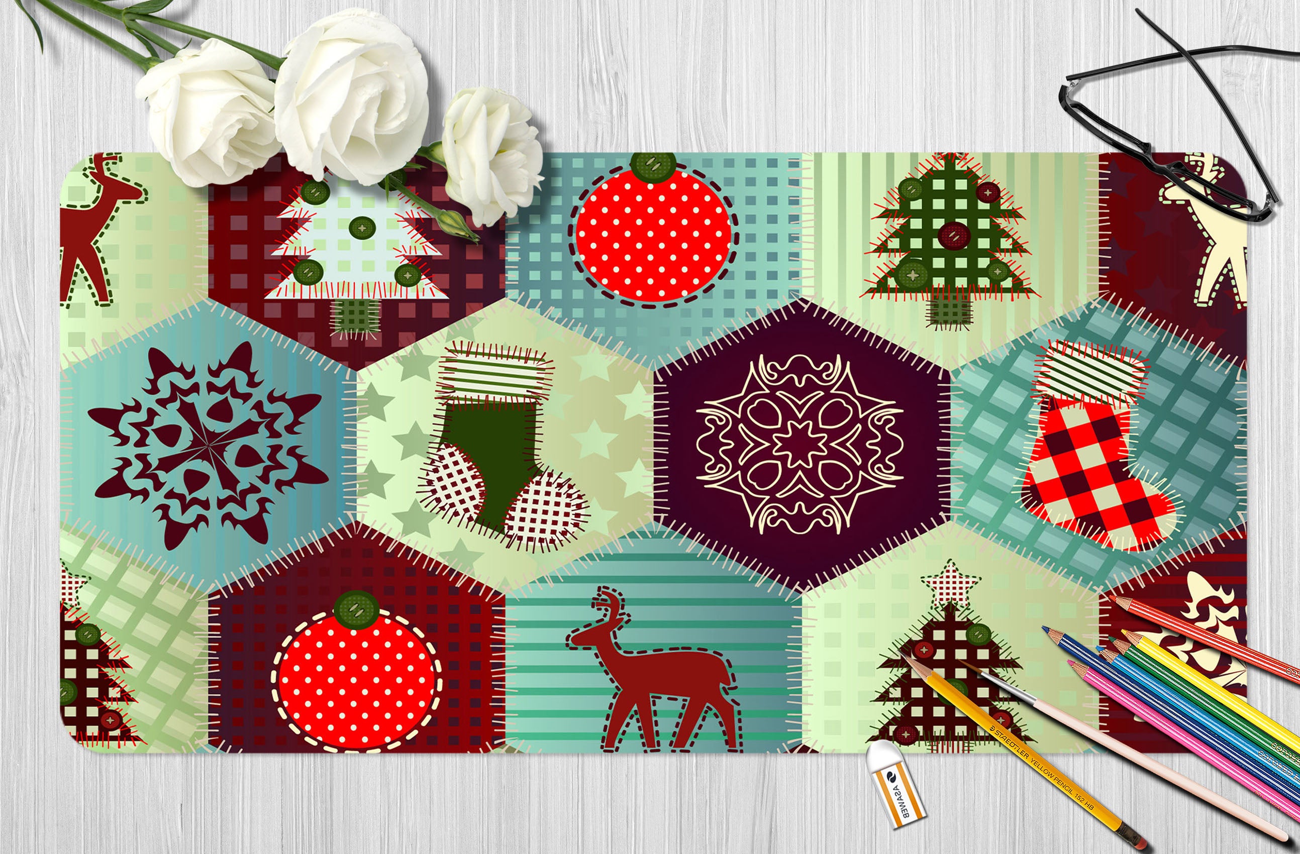 3D Snowflake Deer Hexagon 51195 Christmas Desk Mat Xmas