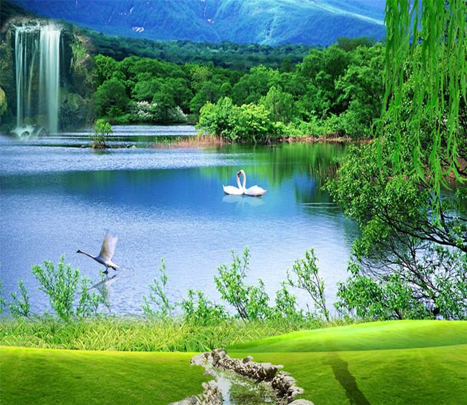 3D Waterfall Lake And Swan Tree 67 Wallpaper AJ Wallpaper 