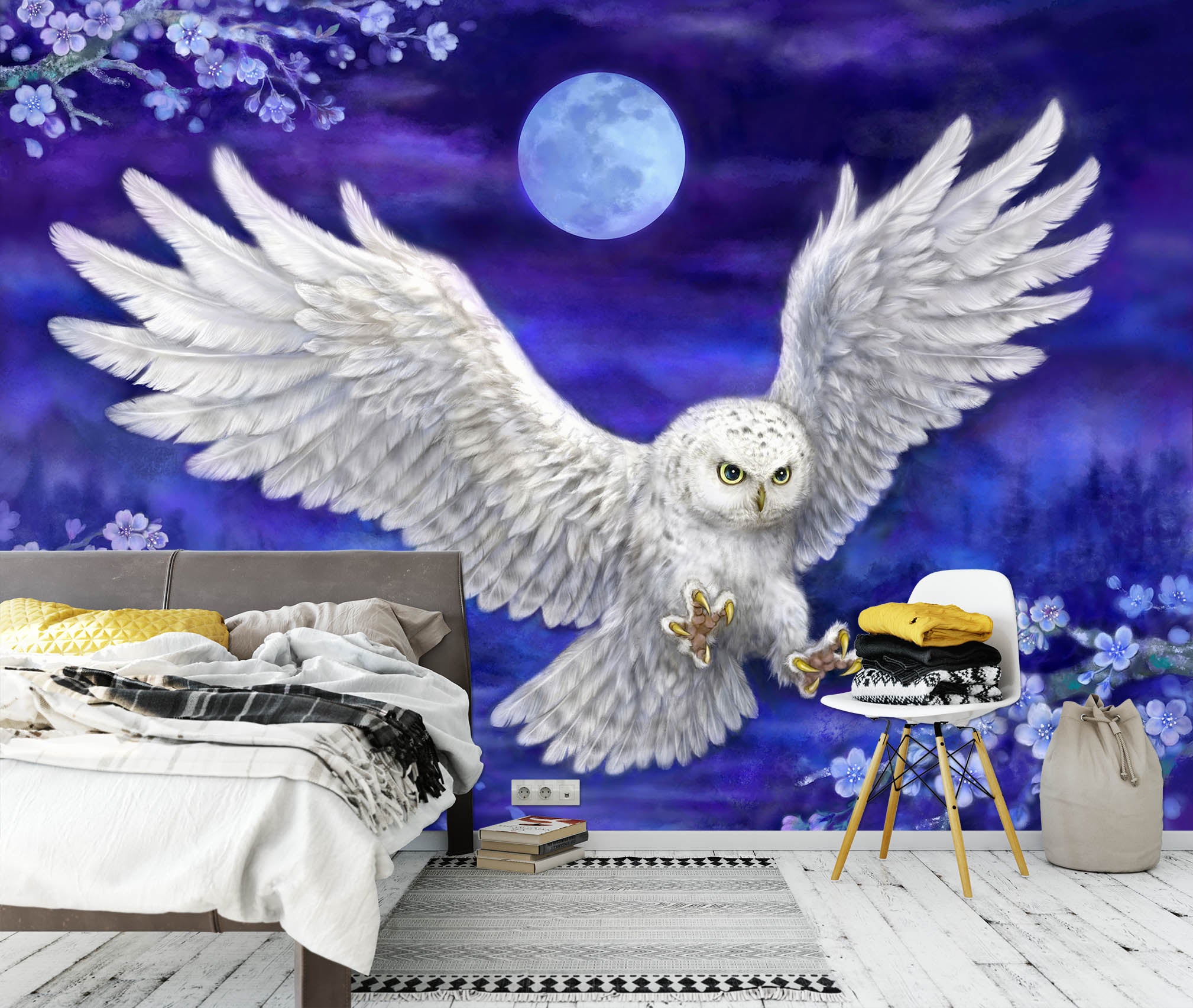 3D White Owl Moon 5451 Kayomi Harai Wall Mural Wall Murals