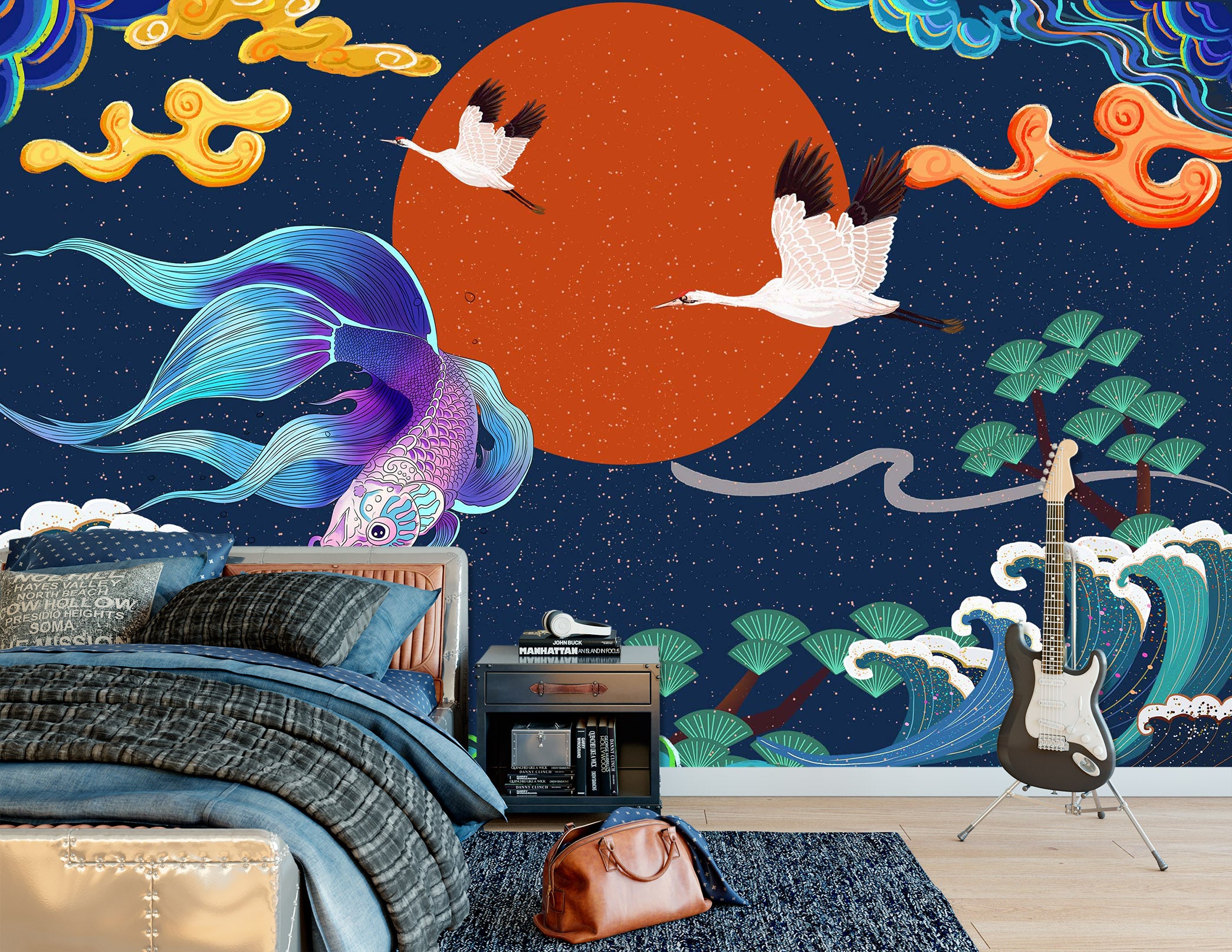 3D Chinoiserie Blue Fish 1390 Wall Mural Wall Murals