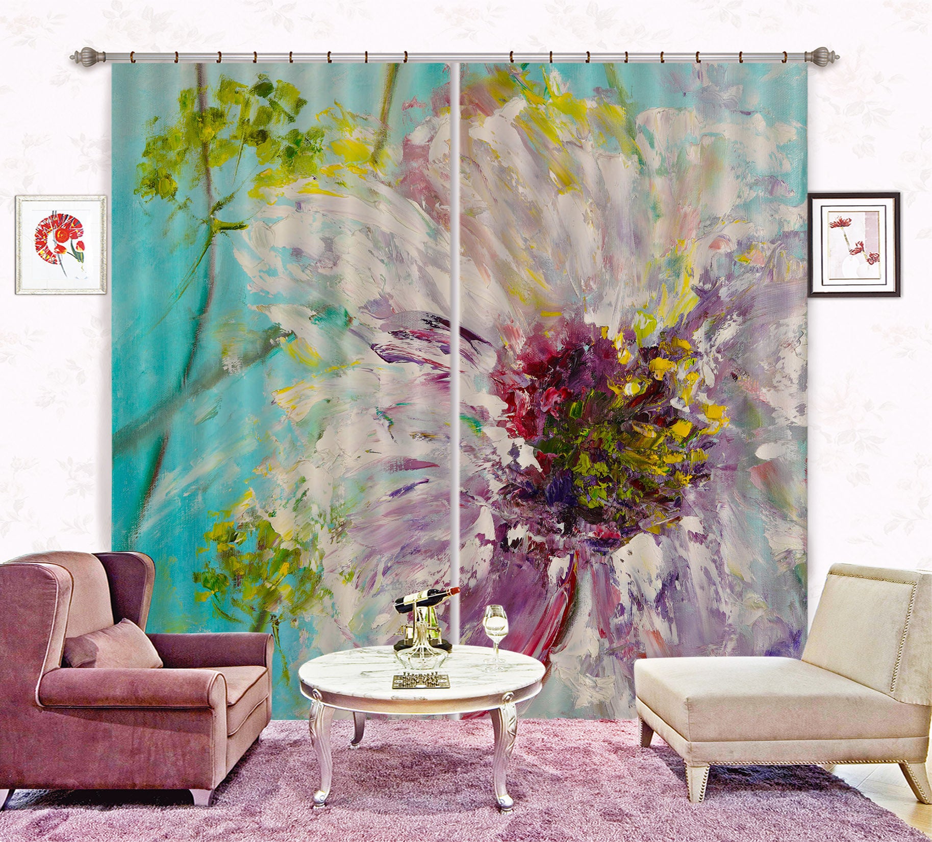 3D Pink Painted Flowers 2342 Skromova Marina Curtain Curtains Drapes