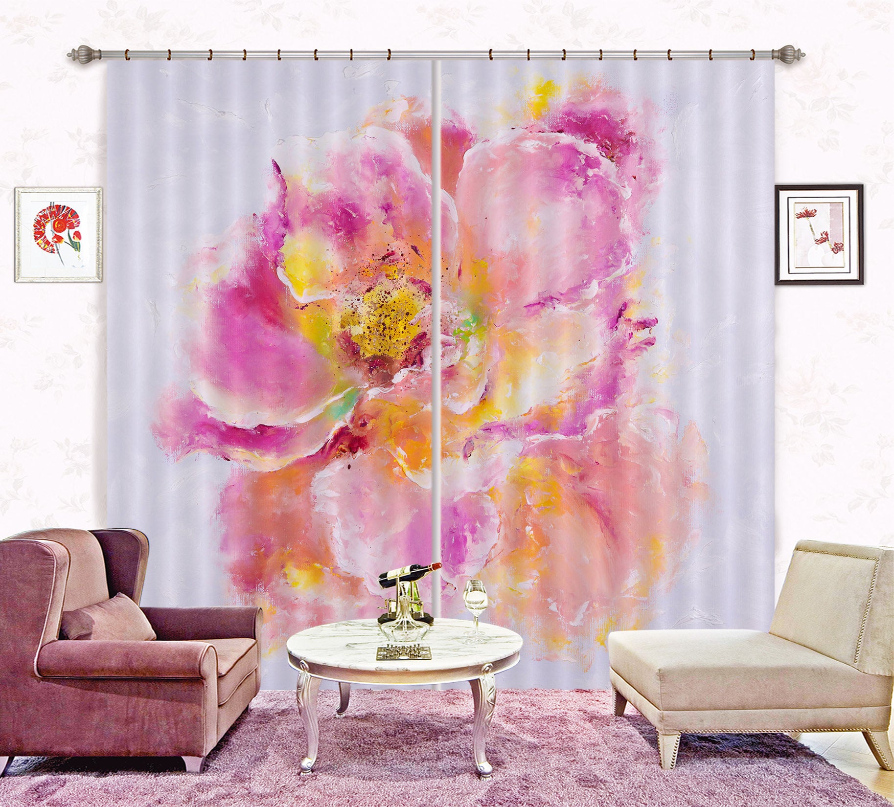 3D Watercolor Pink Flowers 2368 Skromova Marina Curtain Curtains Drapes