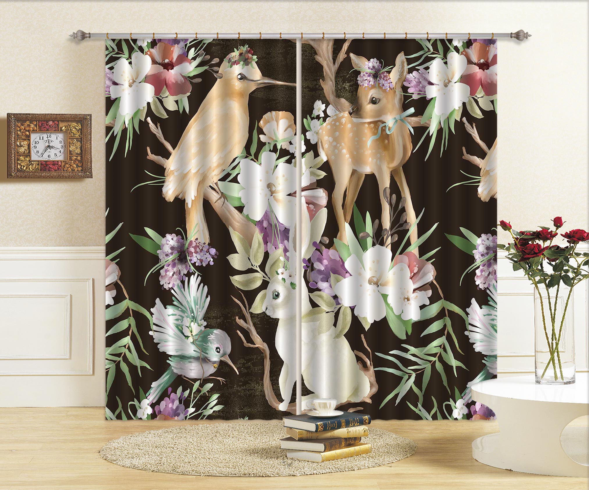 3D Bird Fawn Forest 062 Curtains Drapes