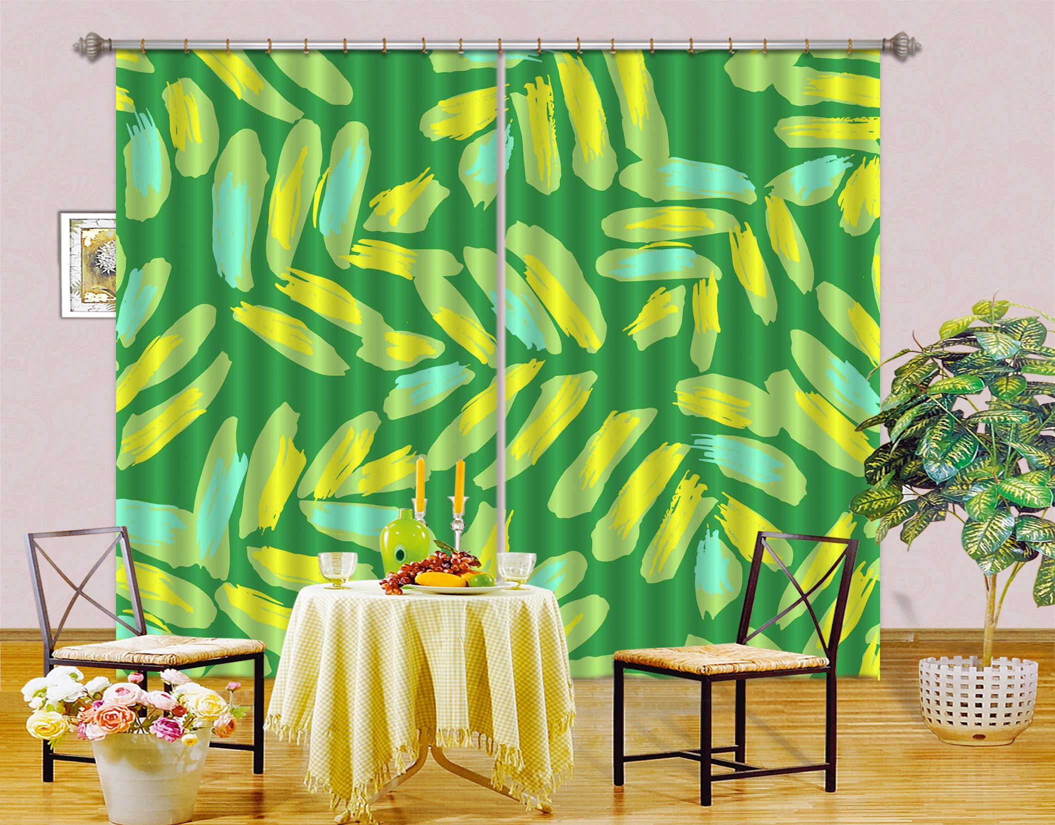 3D Green Yellow Strip 11166 Kashmira Jayaprakash Curtain Curtains Drapes