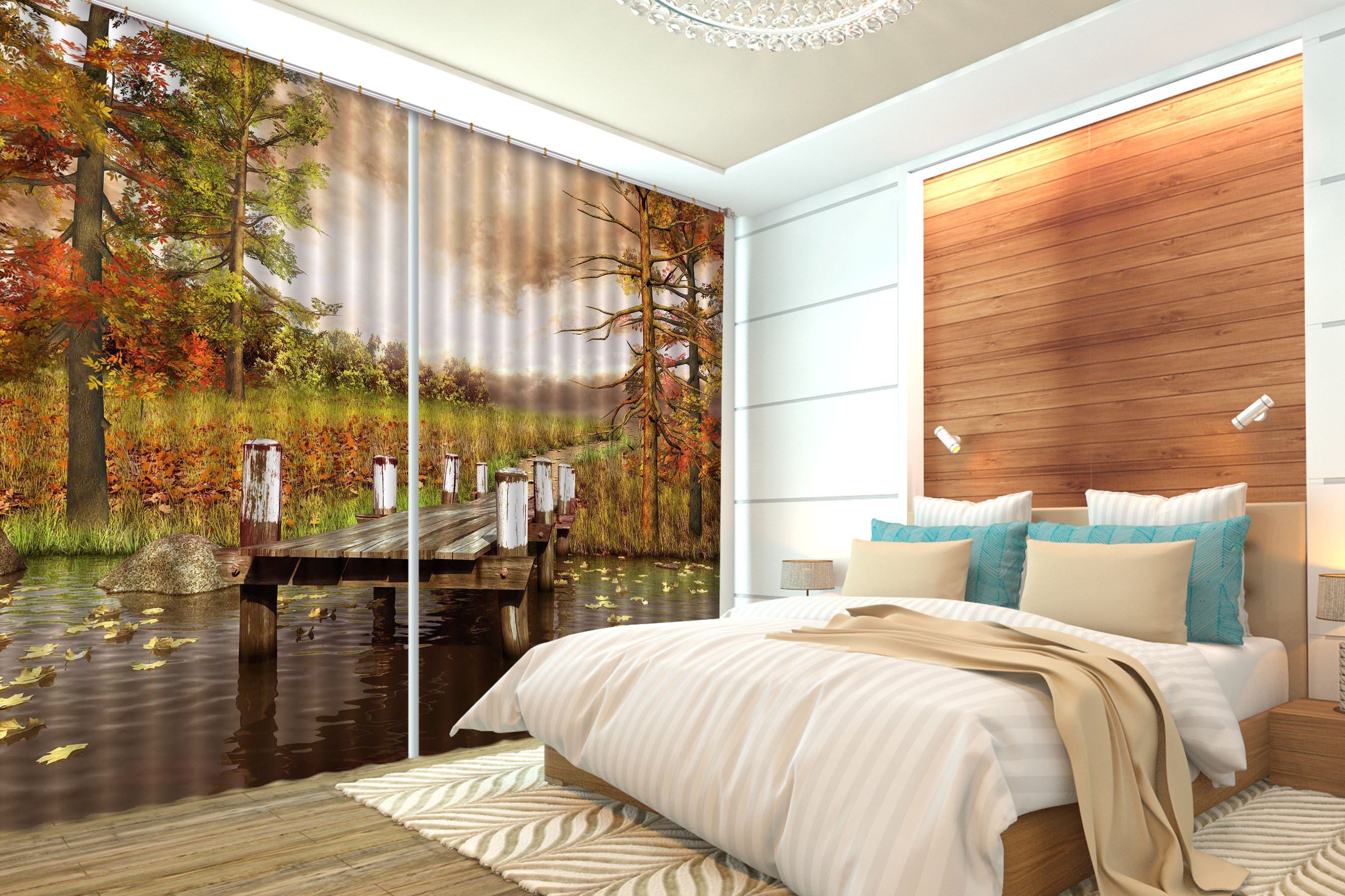 3D Lake Wood Bridge 103 Curtains Drapes Wallpaper AJ Wallpaper 