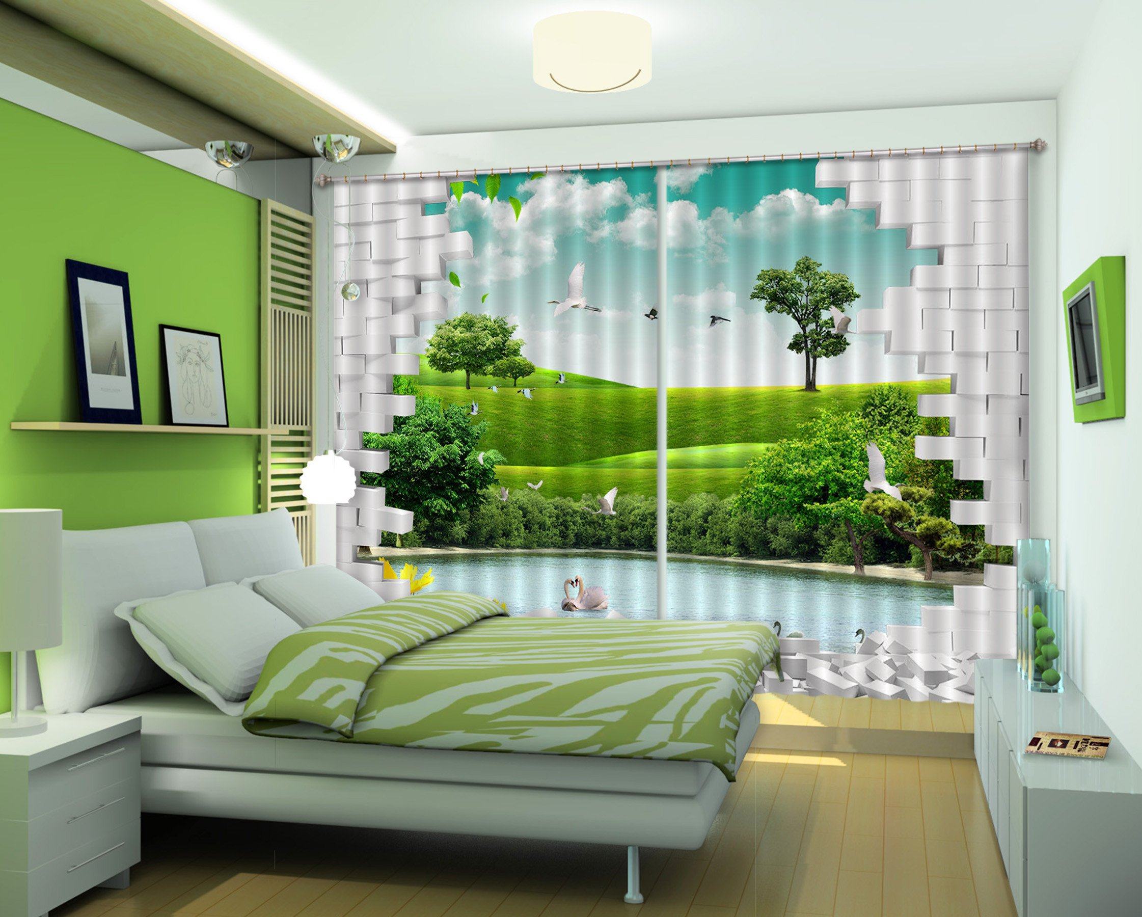 3D Lake Birds Grassland Bricks 357 Curtains Drapes Wallpaper AJ Wallpaper 