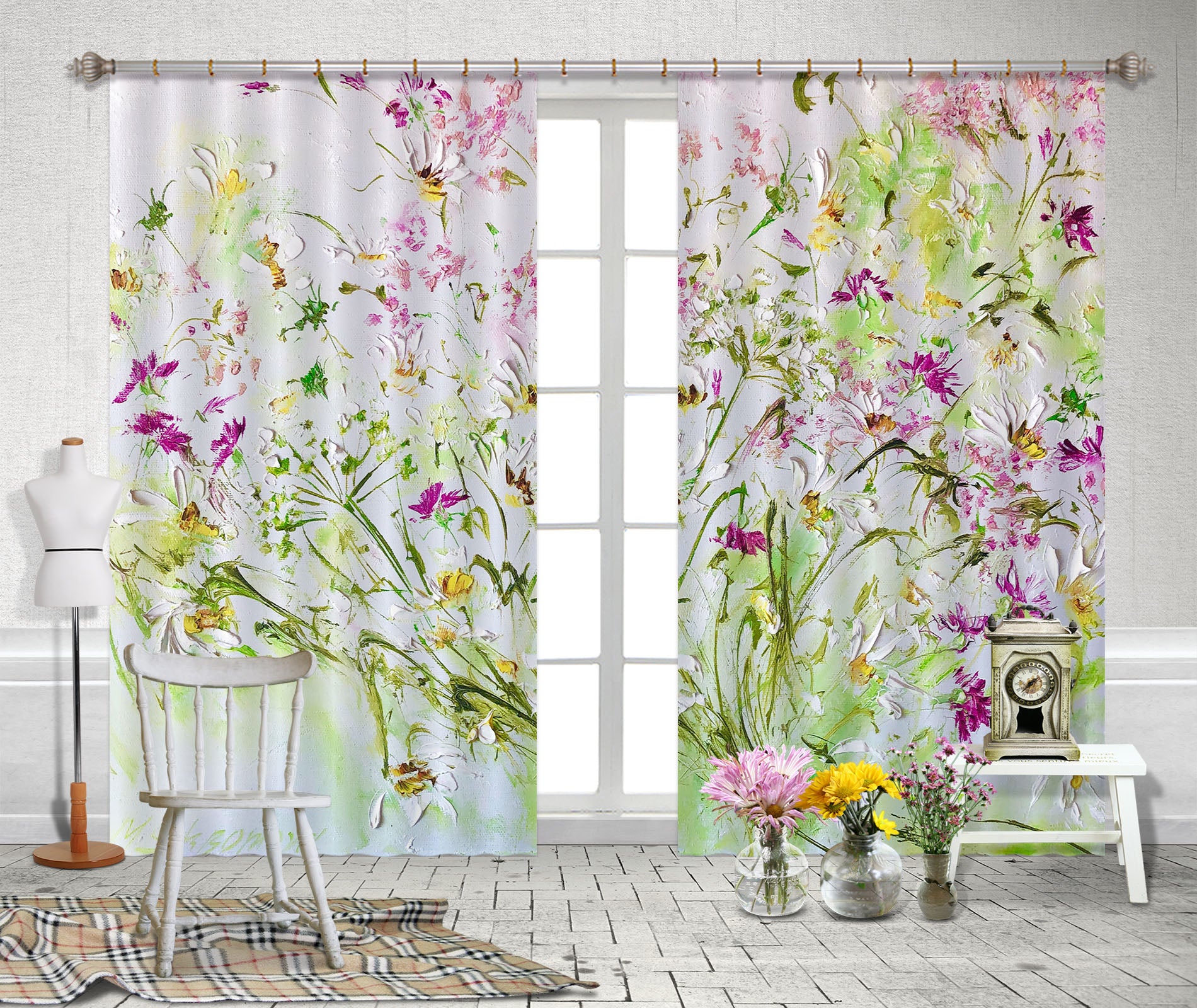 3D Watercolor Pink Flowers 2321 Skromova Marina Curtain Curtains Drapes