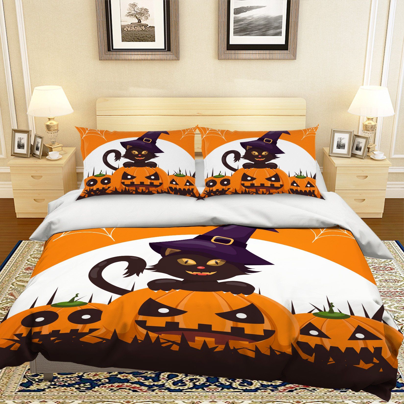 3D Black Cat Pumpkin 1210 Halloween Bed Pillowcases Quilt Quiet Covers AJ Creativity Home 