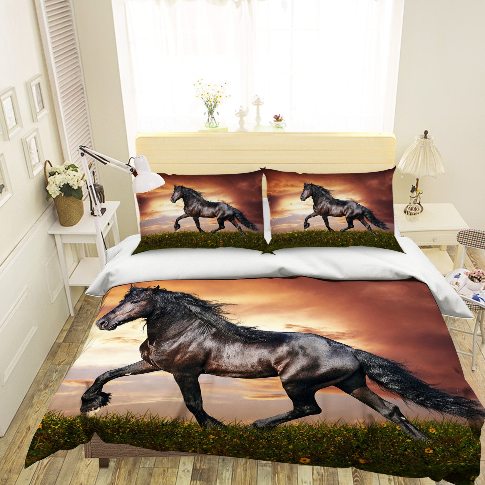 3D Sunset Lawn Horse 069 Bed Pillowcases Quilt