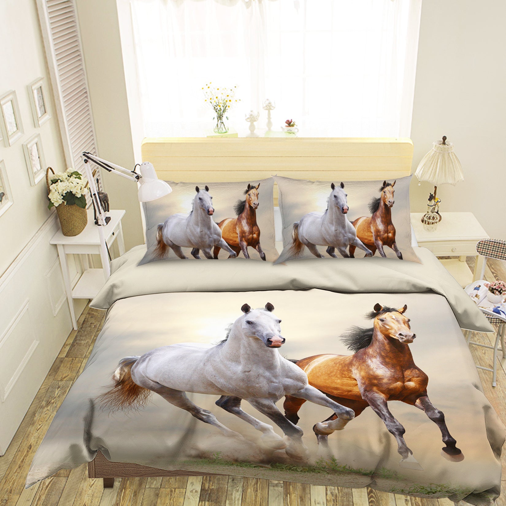 3D White Horse Running 068 Bed Pillowcases Quilt