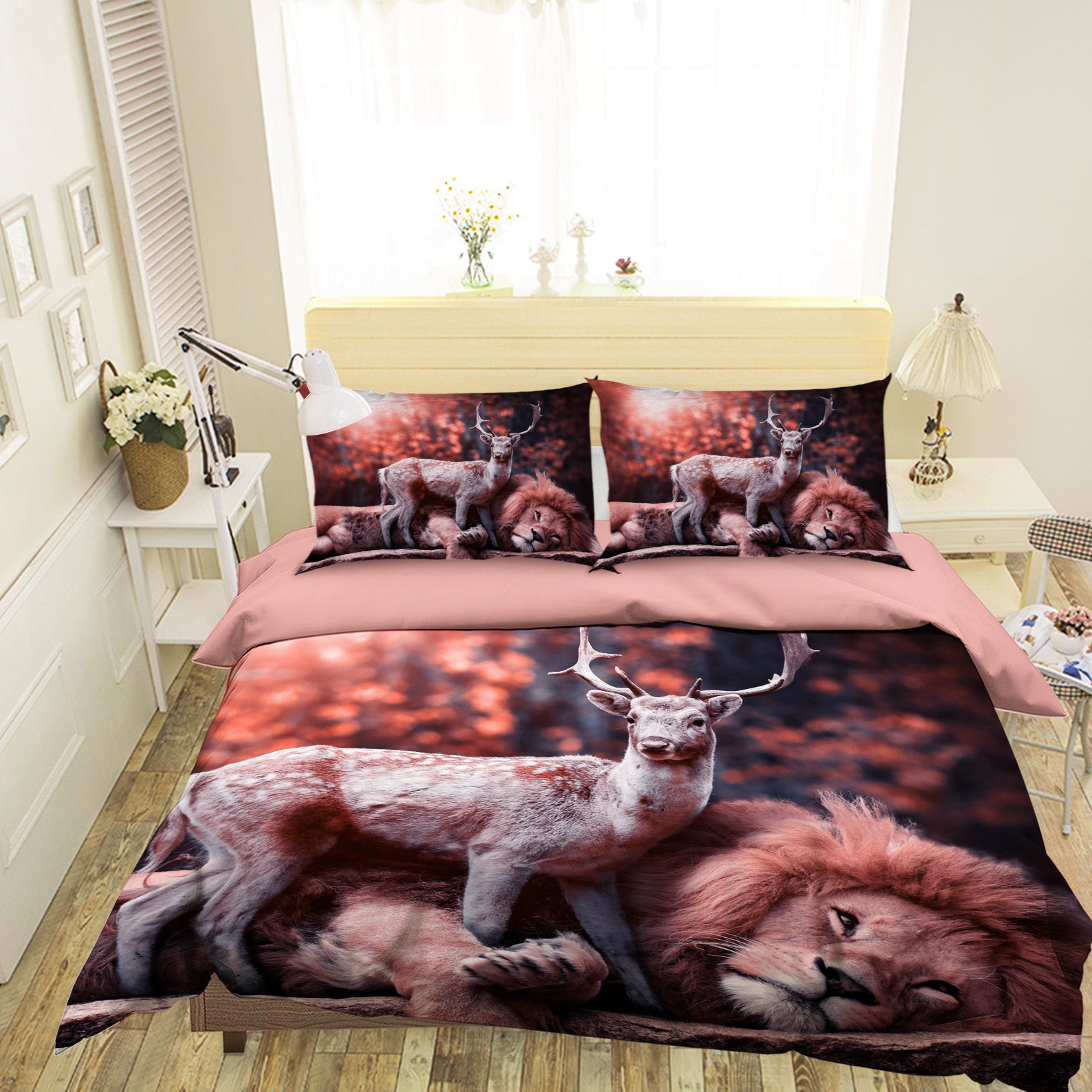 3D Red Lion Deer 084 Bed Pillowcases Quilt