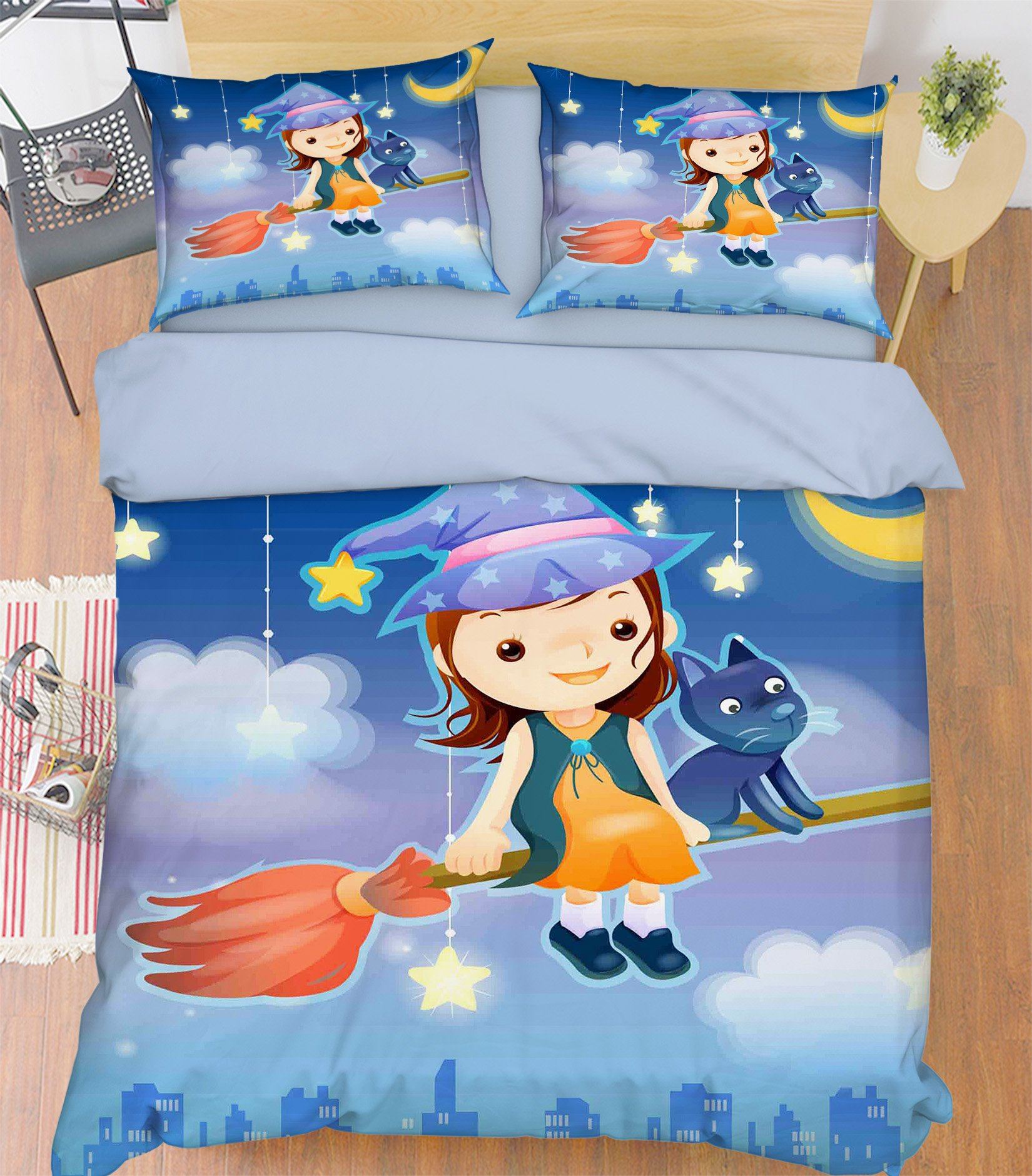 3D Riding Broom Kid And Cat 237 Bed Pillowcases Quilt Wallpaper AJ Wallpaper 