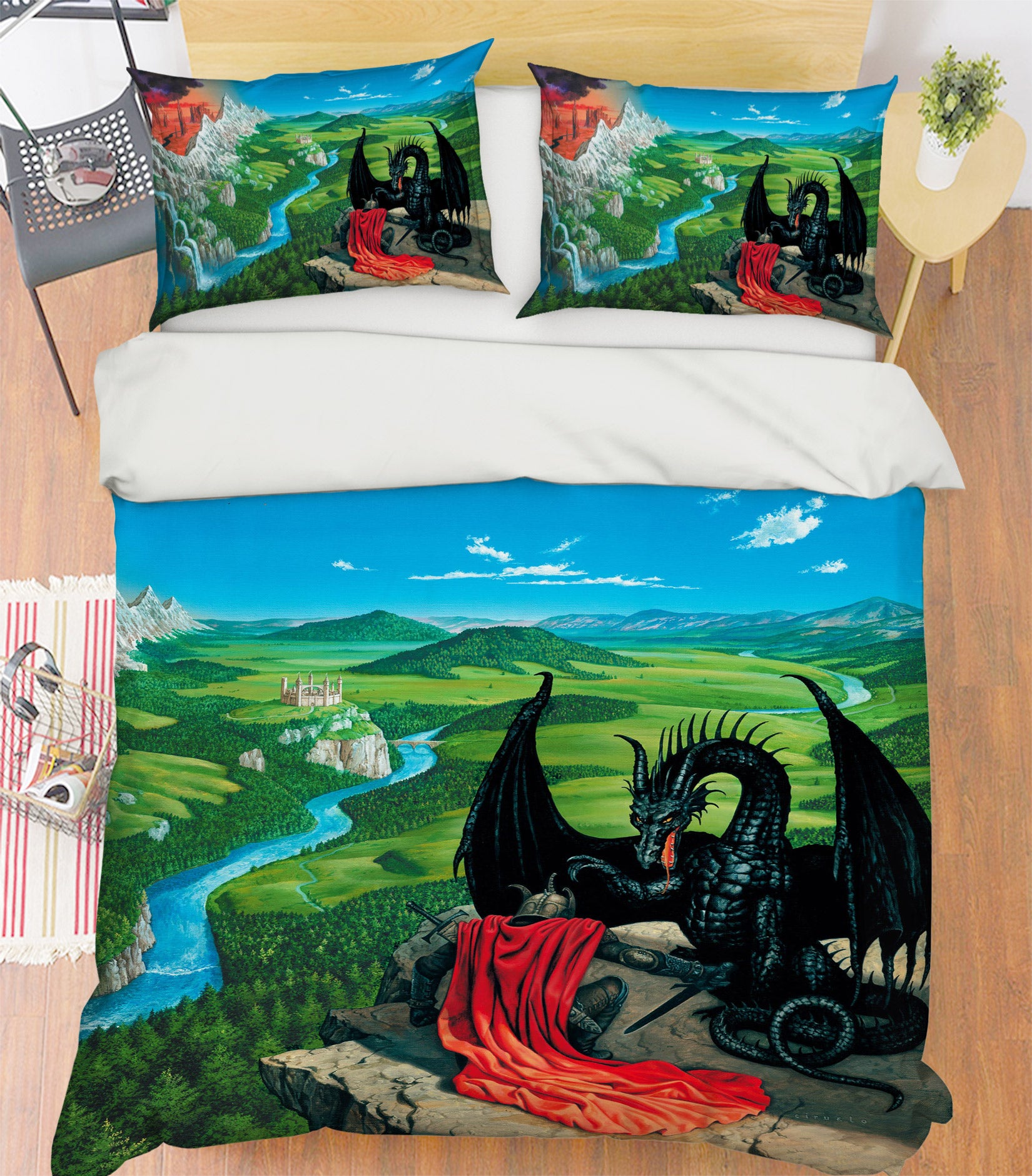 3D River Meadow Dragon Soldier 6186 Ciruelo Bedding Bed Pillowcases Quilt