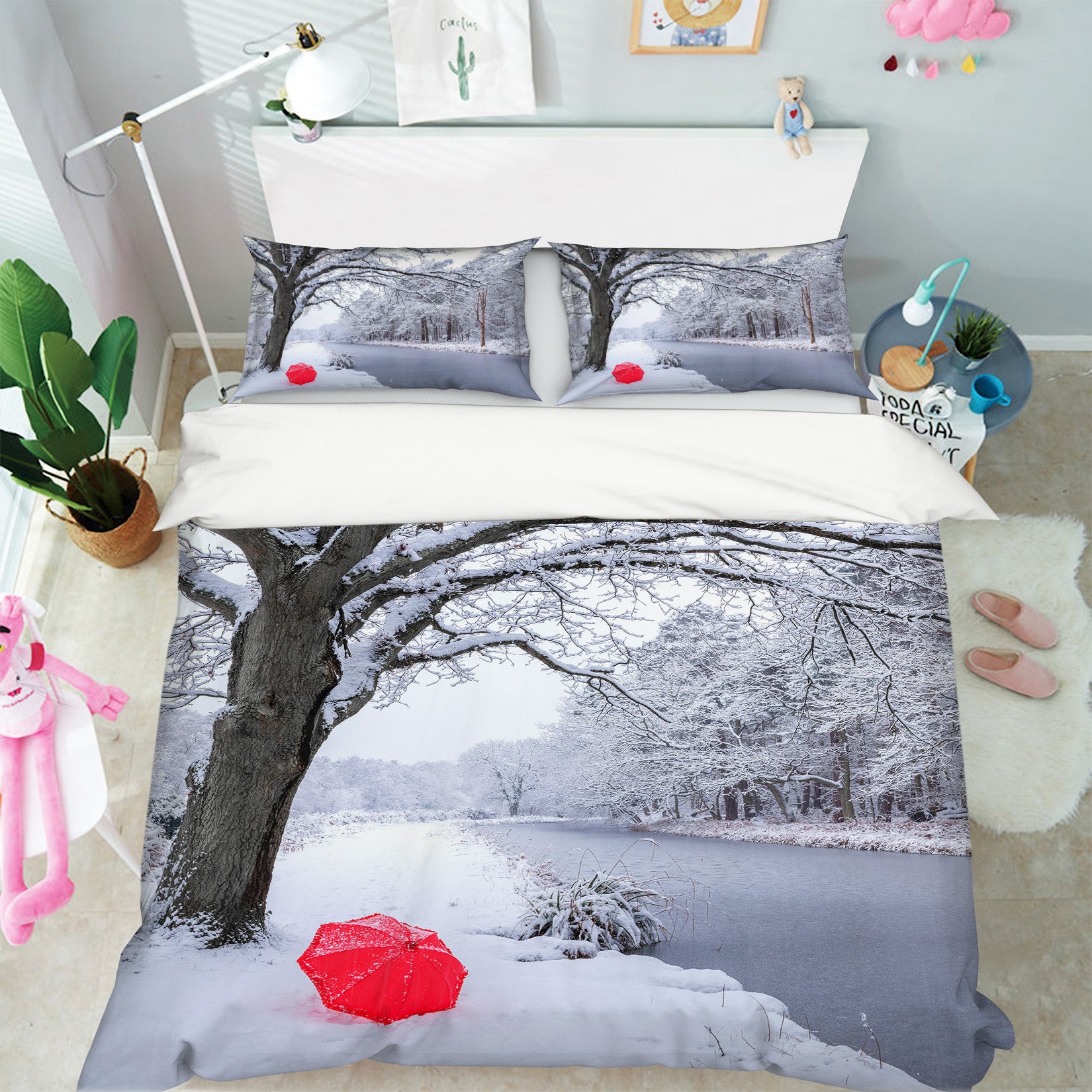 3D Snow Tree Red Umbrella 85156 Assaf Frank Bedding Bed Pillowcases Quilt