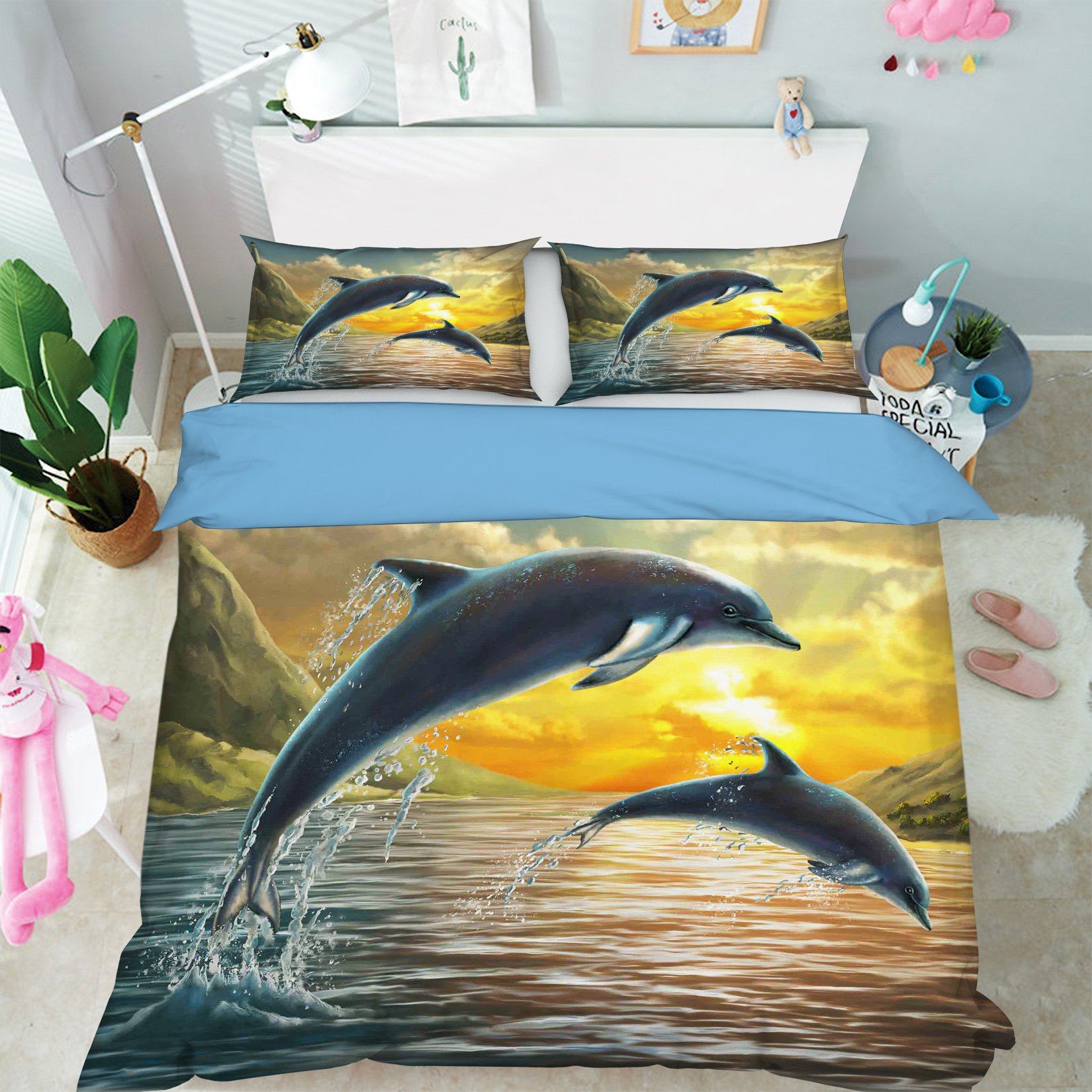 3D Dolphin Sunset 037 Bed Pillowcases Quilt Wallpaper AJ Wallpaper 