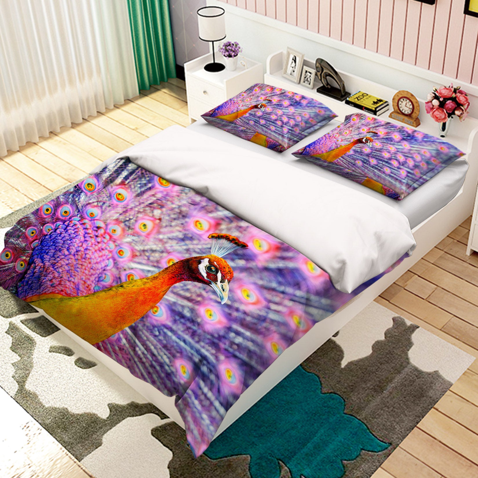 3D Pink Peacock 098 Bed Pillowcases Quilt