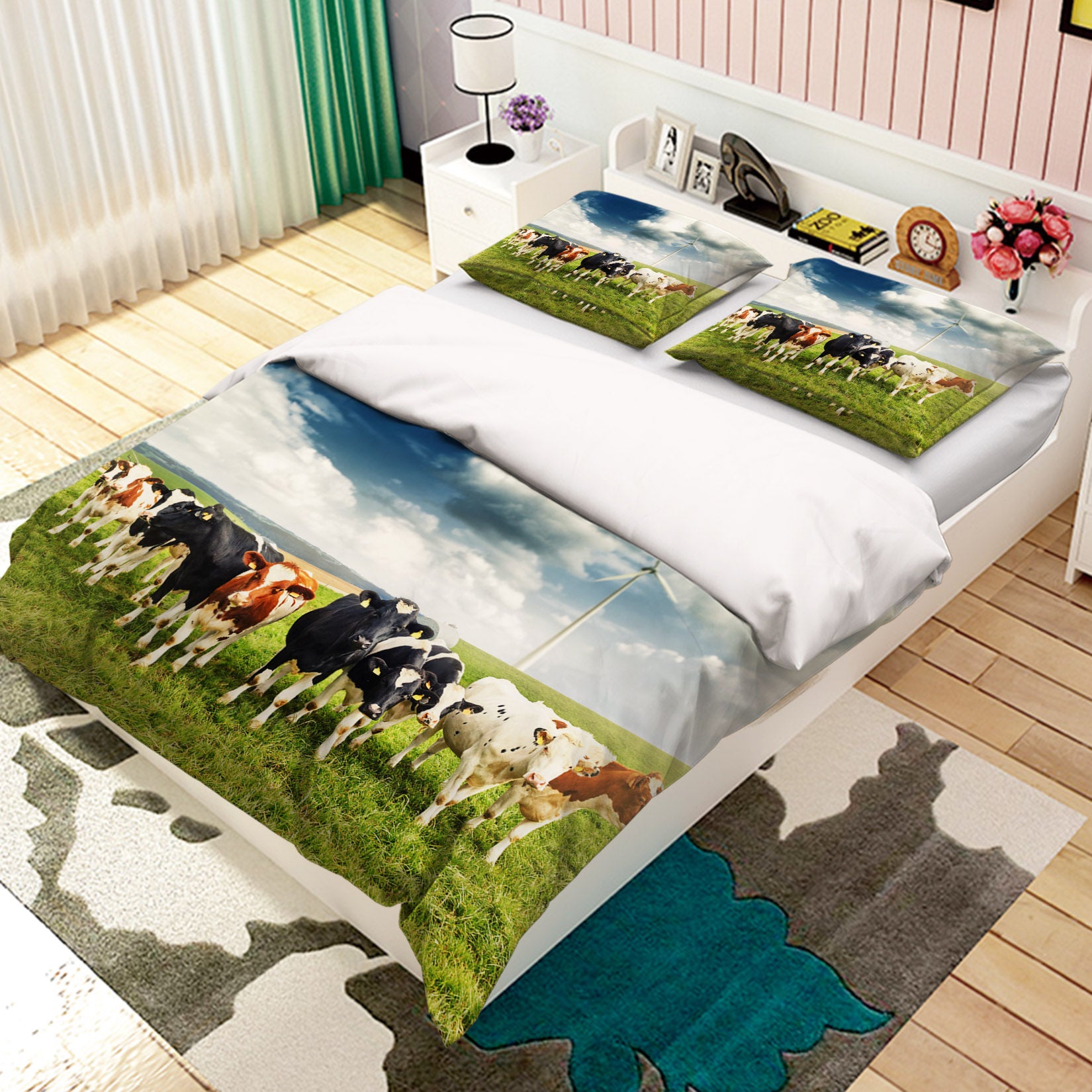 3D Cloud Grass Cattle 048 Bed Pillowcases Quilt