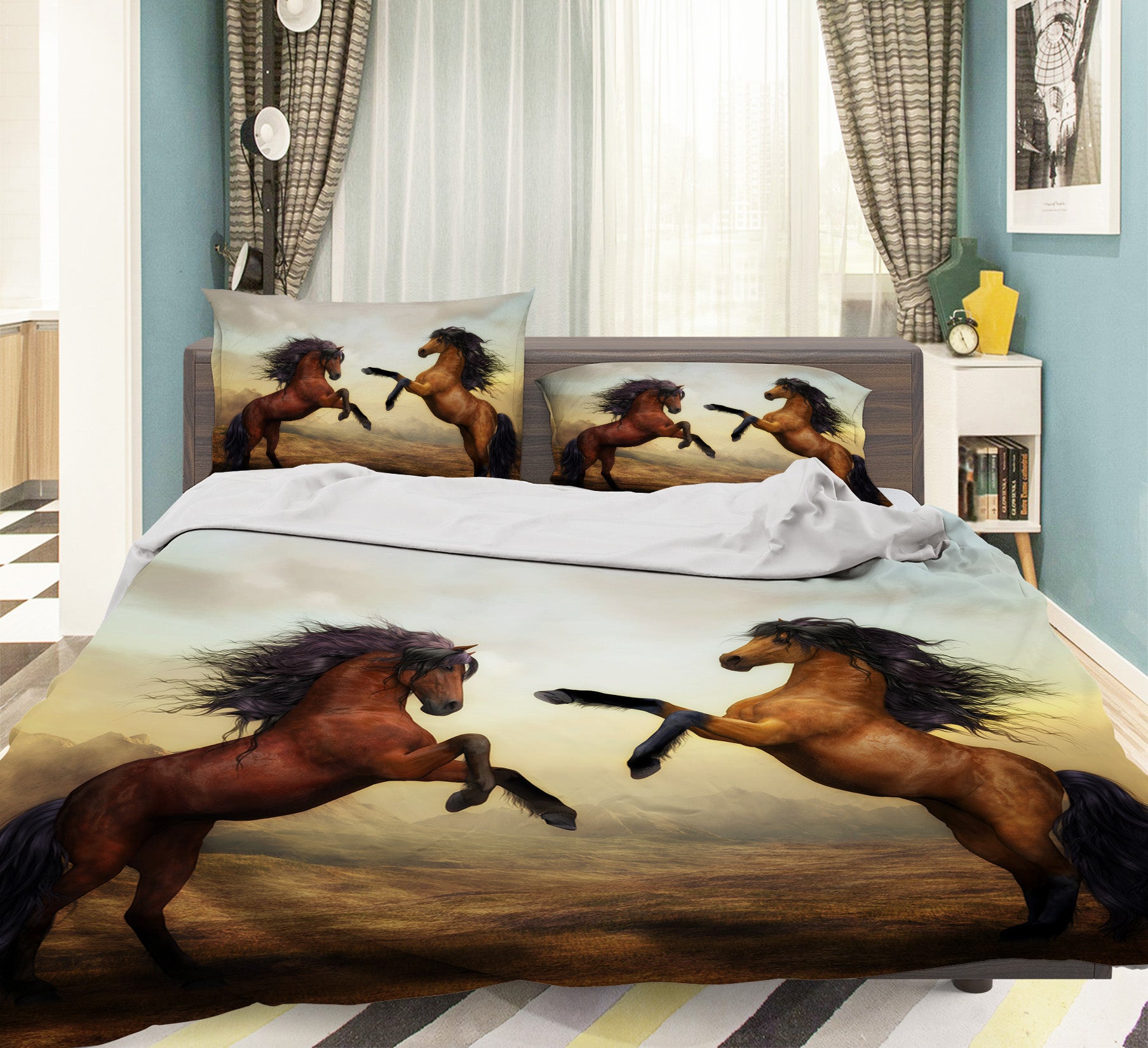 3D Two Horses 19239 Bed Pillowcases Quilt