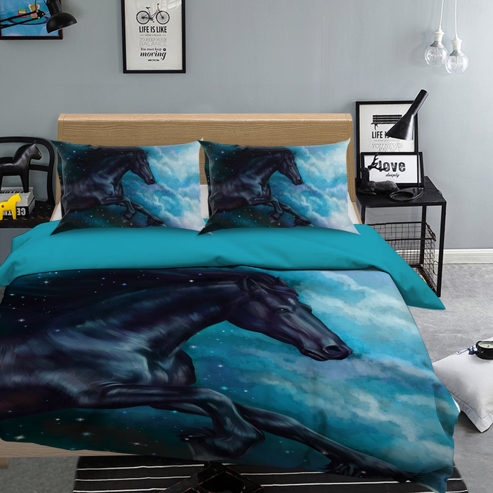 3D Running Black Horse 036 Bed Pillowcases Quilt