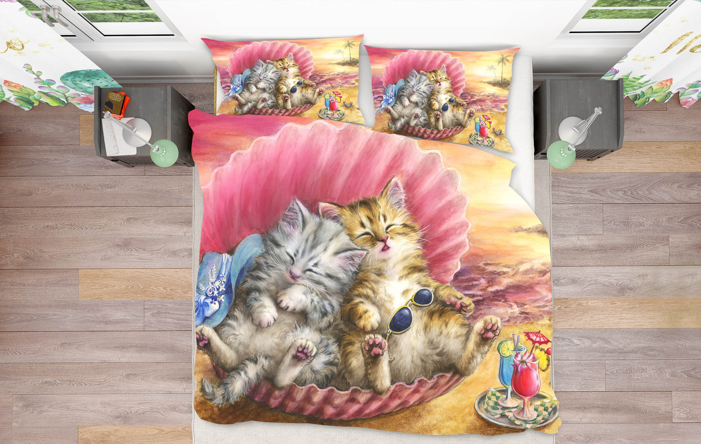 3D Pink Shell Cat 5836 Kayomi Harai Bedding Bed Pillowcases Quilt Cover Duvet Cover