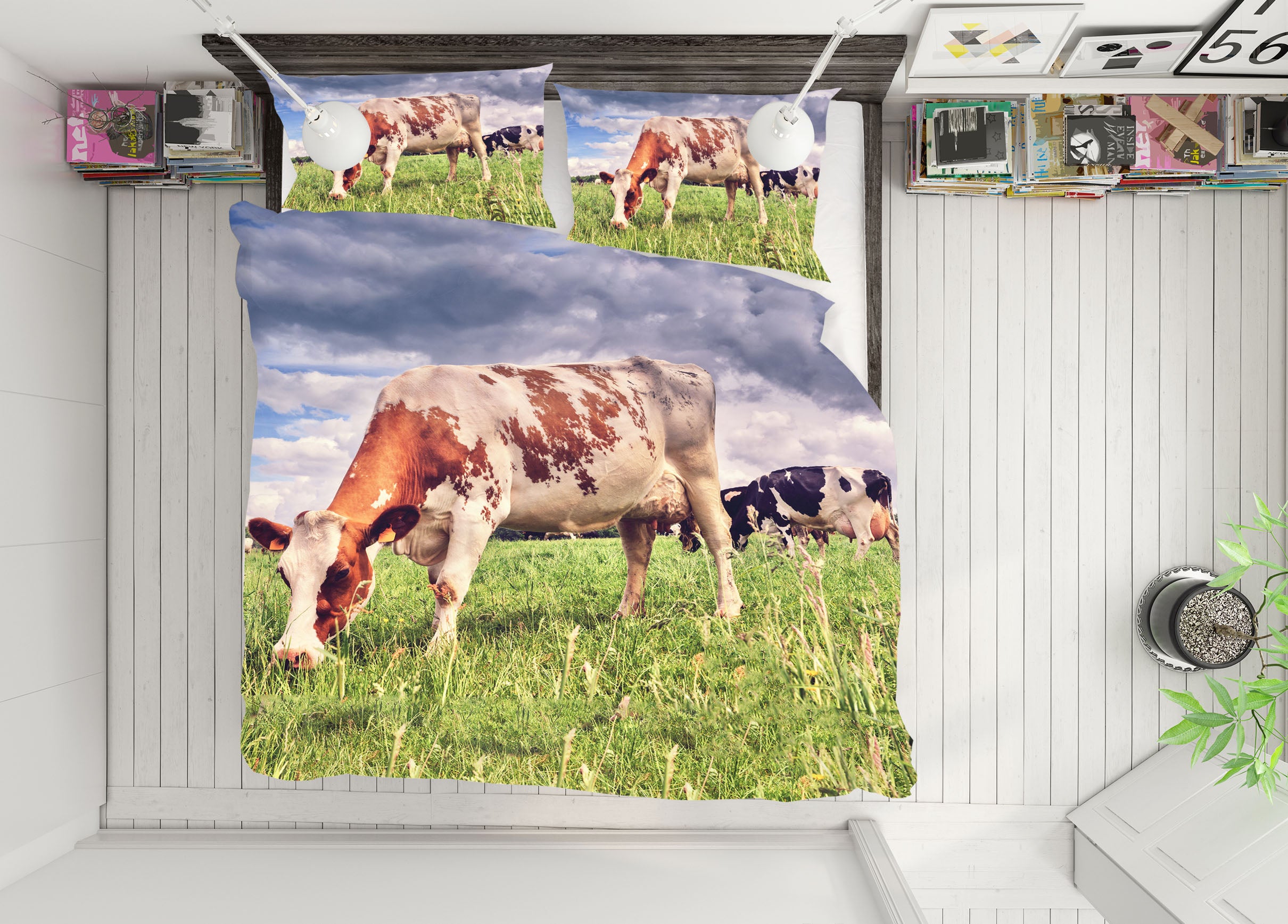 3D Cow Eating Grass 19227 Bed Pillowcases Quilt