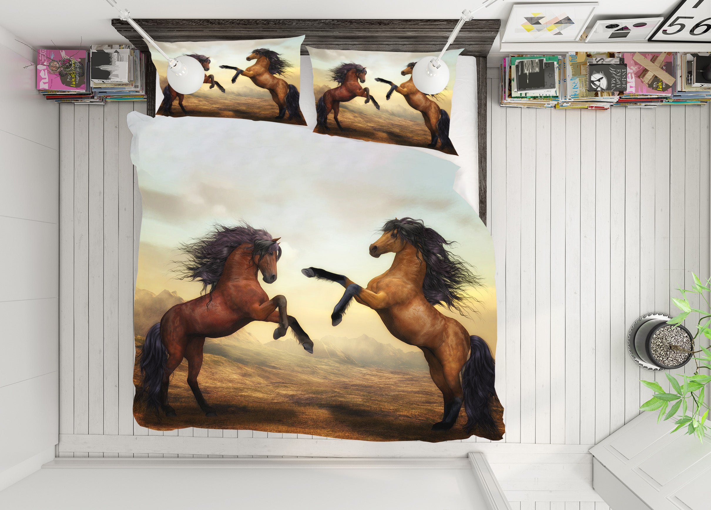 3D Two Horses 19239 Bed Pillowcases Quilt